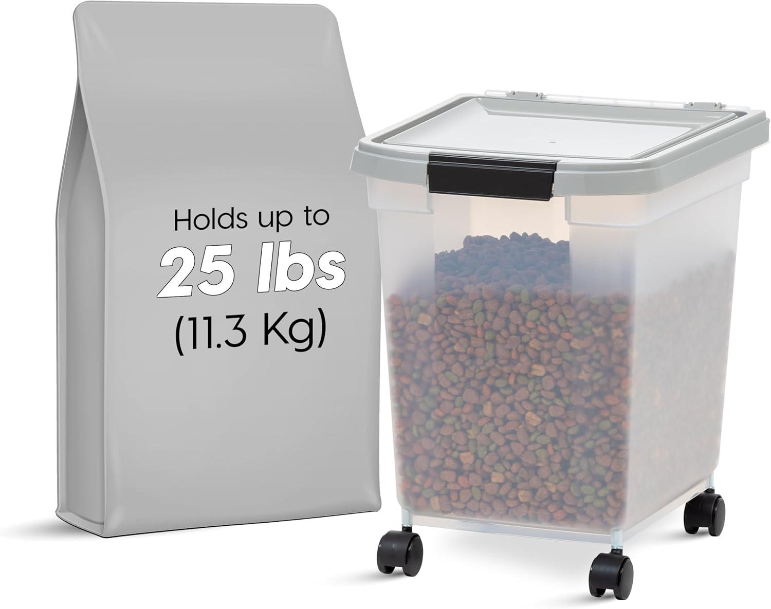 IRIS USA 25 Lbs / 32.5 Qt WeatherPro Airtight Pet Food Storage Container with Removable Casters, Clear/Gray