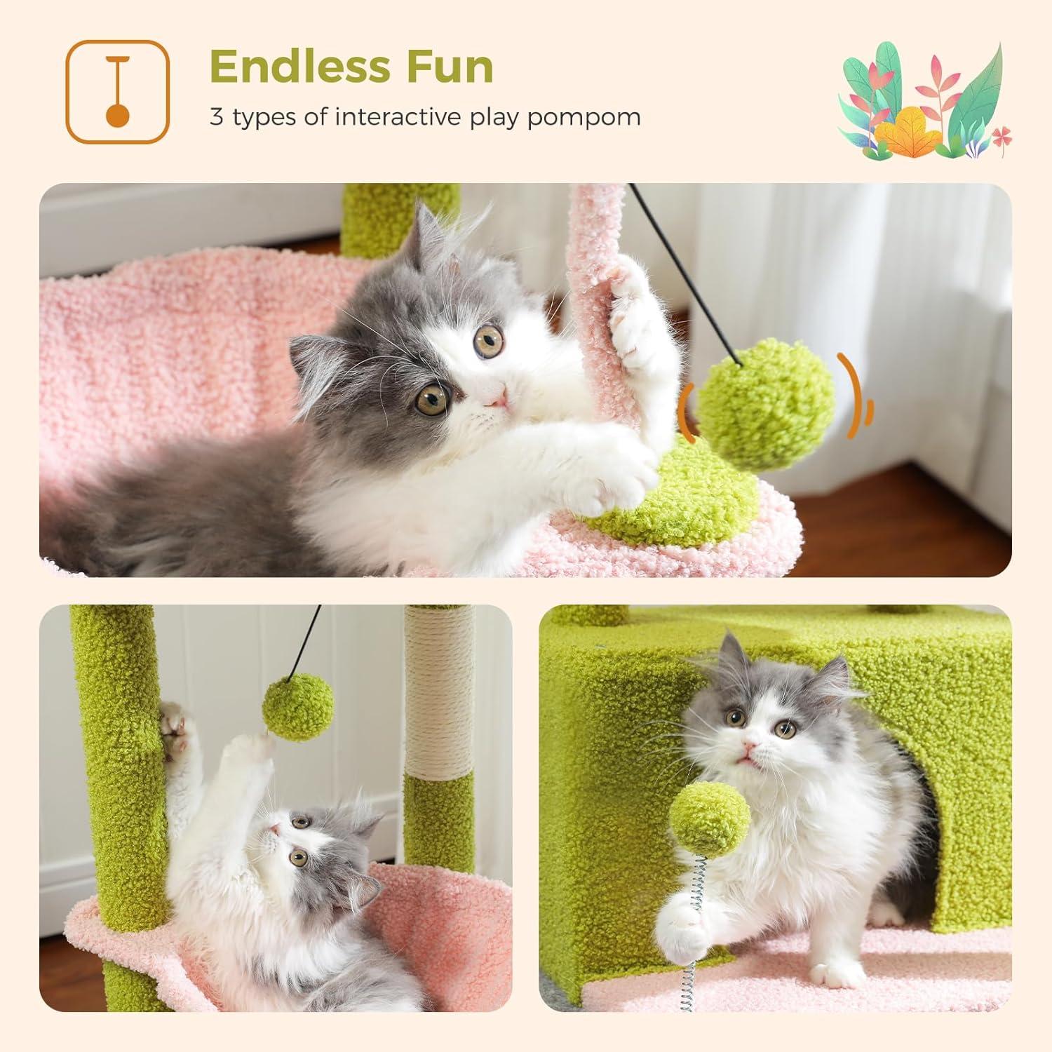 PEQULTI 4-In-1 Multi-Level Cat Tower, 33'' Pink Cat Tree For Indoor Cats With Large Cat Condo, Cat Scratching Post For Cats With Deep Hammock& Cozy Top Perch