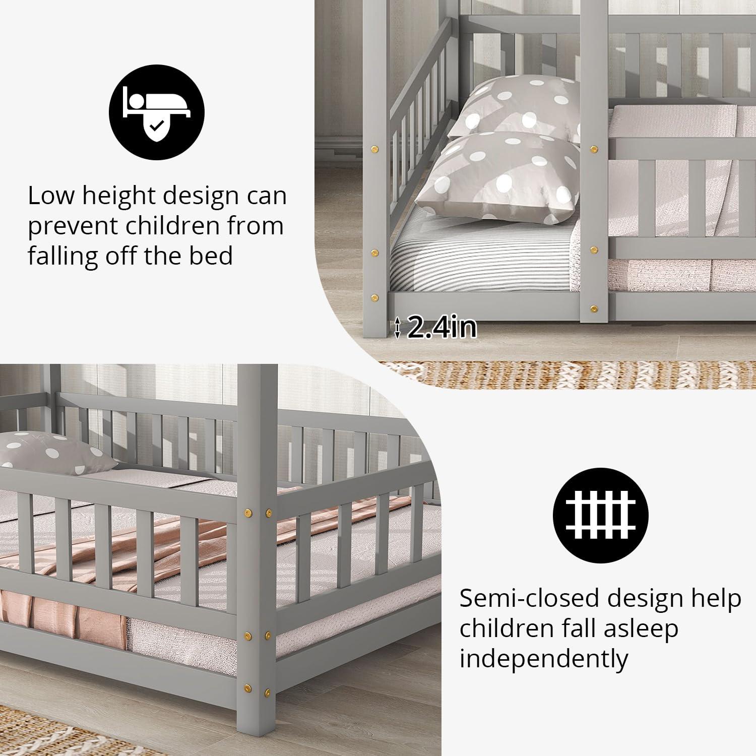 Twin Floor Bed for Kids, Wooden House Bed Frame with Roof, Fence Guardrails, Montessori Bed for Toddlers Girls Boys, Gray
