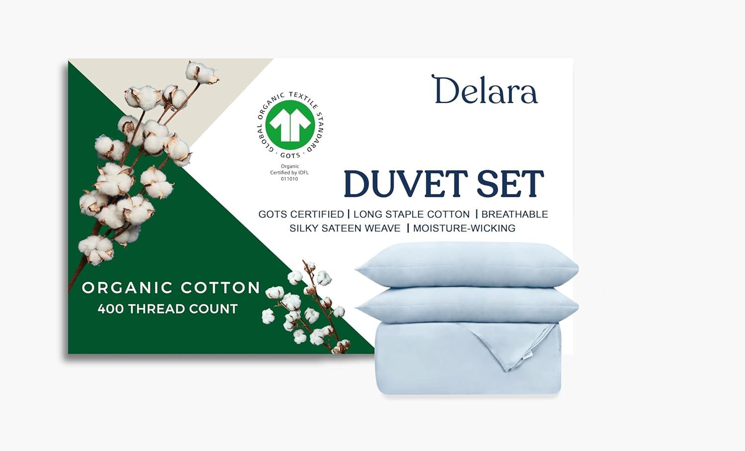 Delara GOTS Certified 100% Organic Cotton Duvet Cover Set 400TC Long Staple Cotton