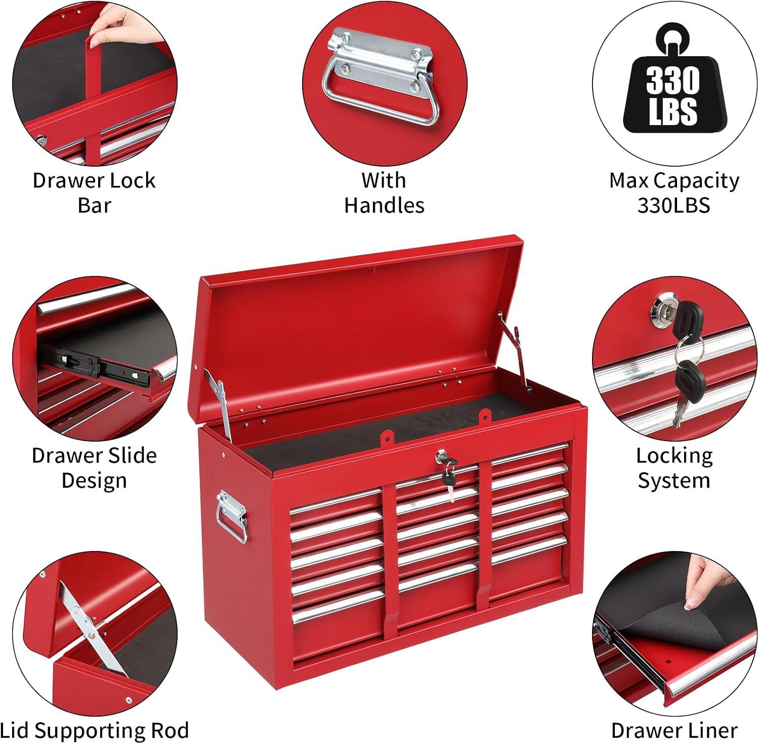 INDSUMOT 24" Portable Tool Box, 5 Drawers & Top Storage Tray Tool Box with Drawers, Lockable Metal Tool Chest Cabinet for Garage, Warehouse, Repair Shop & Home, Red