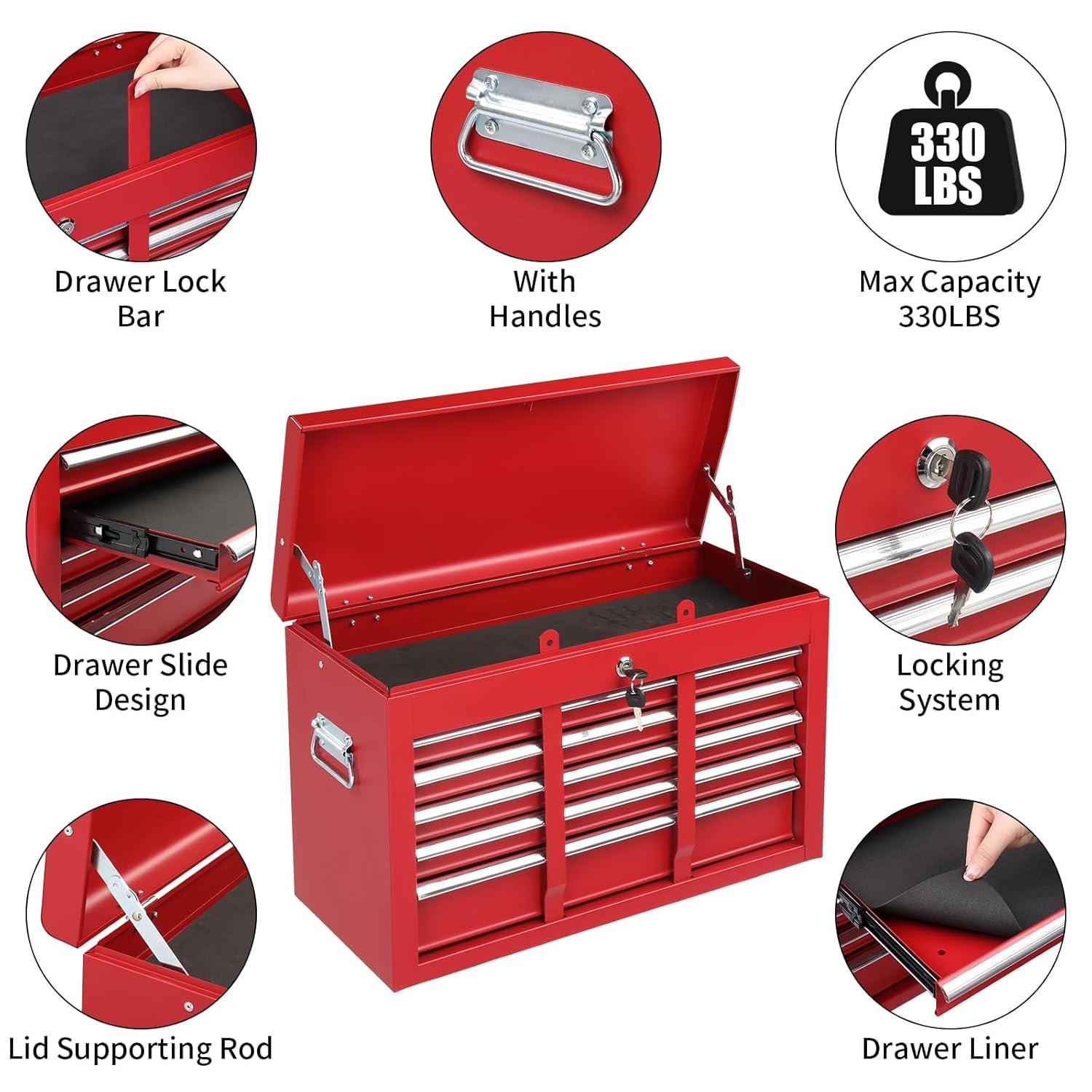 INDSUMOT 24" Portable Tool Box, 5 Drawers & Top Storage Tray Tool Box with Drawers, Lockable Metal Tool Chest Cabinet for Garage, Warehouse, Repair Shop & Home, Red