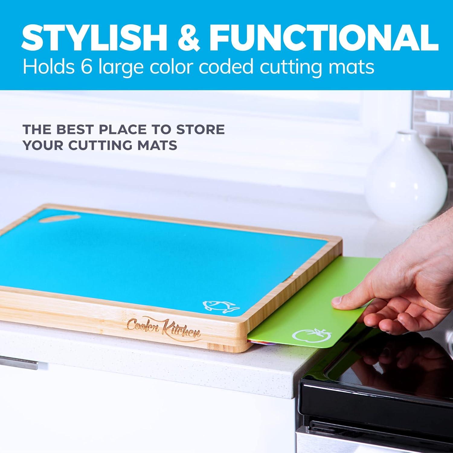 Tabla de Cortar de Madera de Bambú Fácil de Limpiar con Juego de 6 Tapetes de Corte Flexibles Codificados por Colores con Iconos de Comida - Juego de Tabla de Cortar