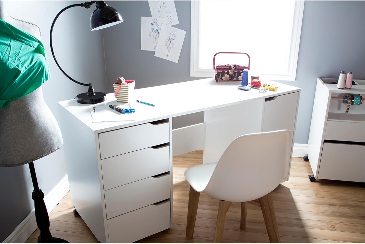 Pure White Mobile Craft Workstation with Drawers and Sliding Shelf