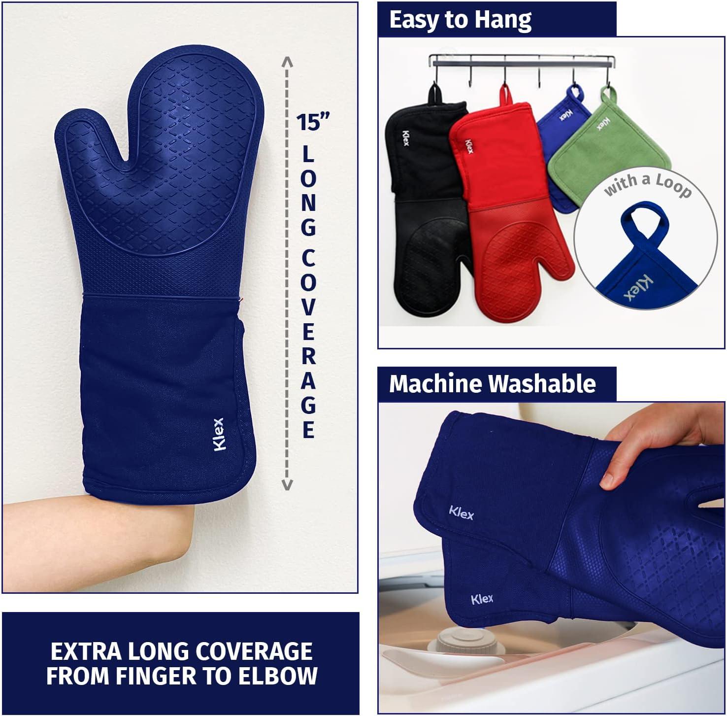 KLEX 15" Silicone Oven Mitts and Cotton Potholders 4pcs Set, 932°F Heat Resistance, Blue