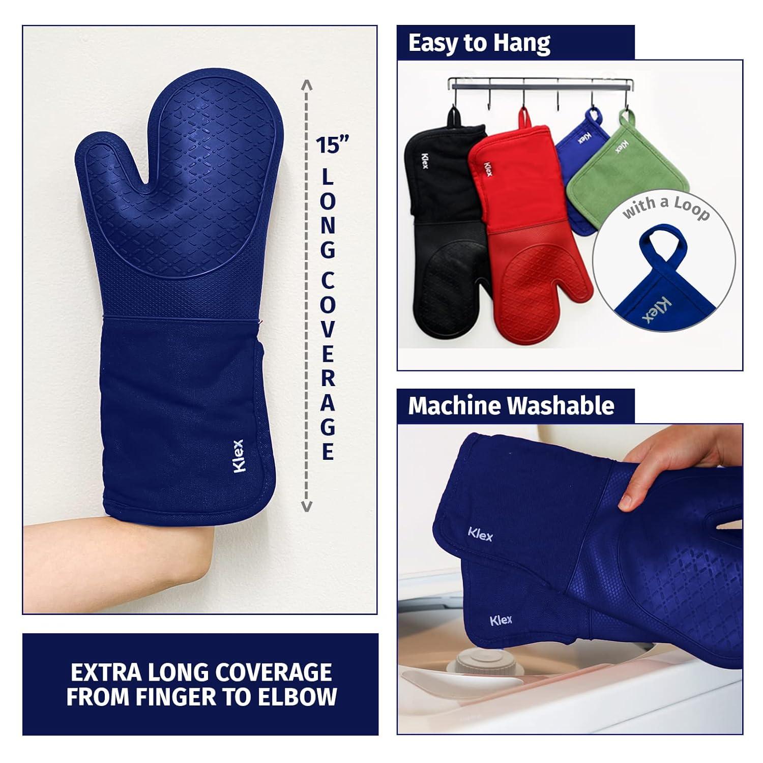 KLEX 15" Silicone Oven Mitts and Cotton Potholders 4pcs Set, 932°F Heat Resistance, Blue
