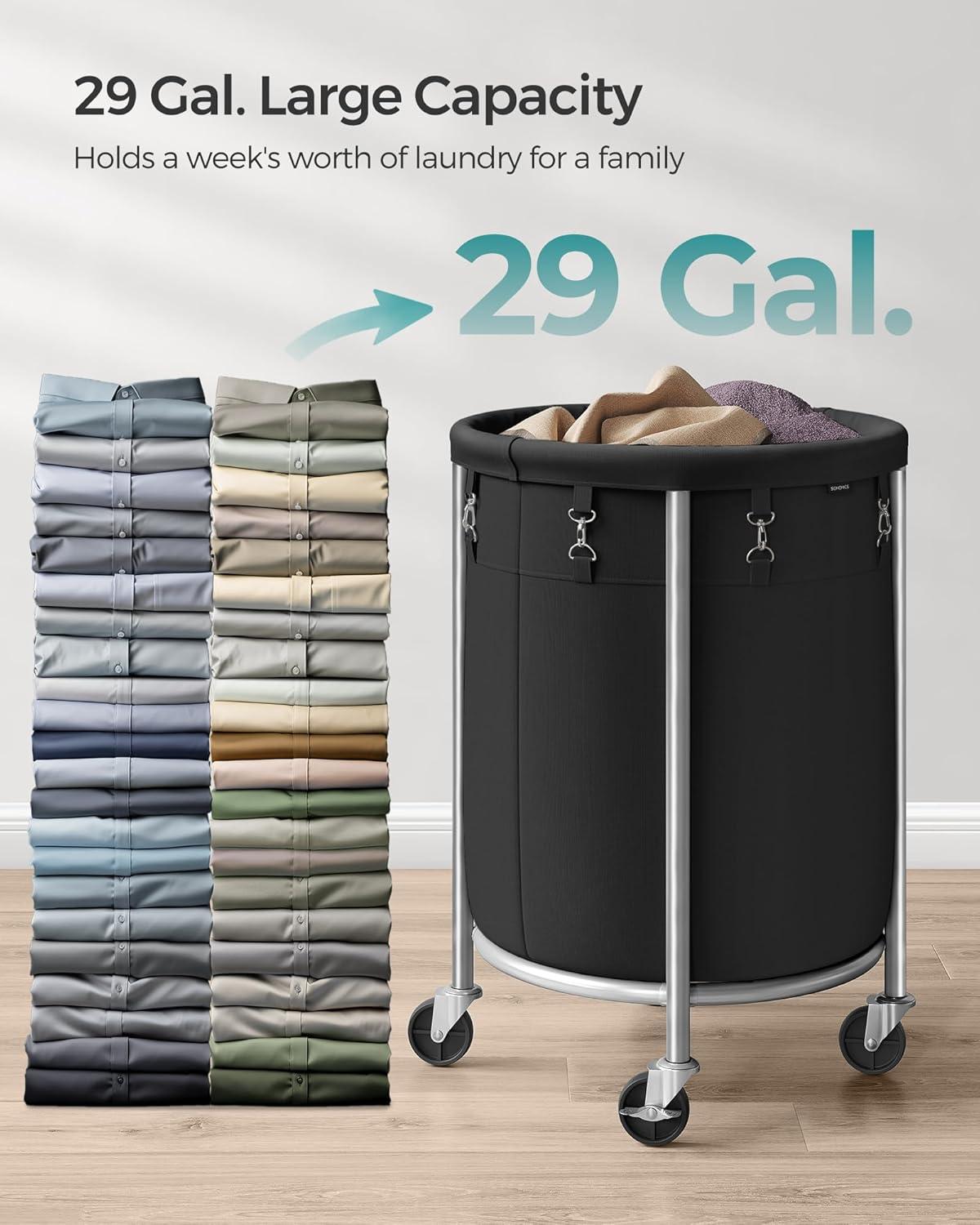 SONGMICS Laundry Basket with Wheels, Rolling Laundry Hamper, 18.5 Gal., Round Laundry Cart with Steel Frame and Removable Bag, 4 Casters and 2 Brakes, Black and Silver URLS006B01