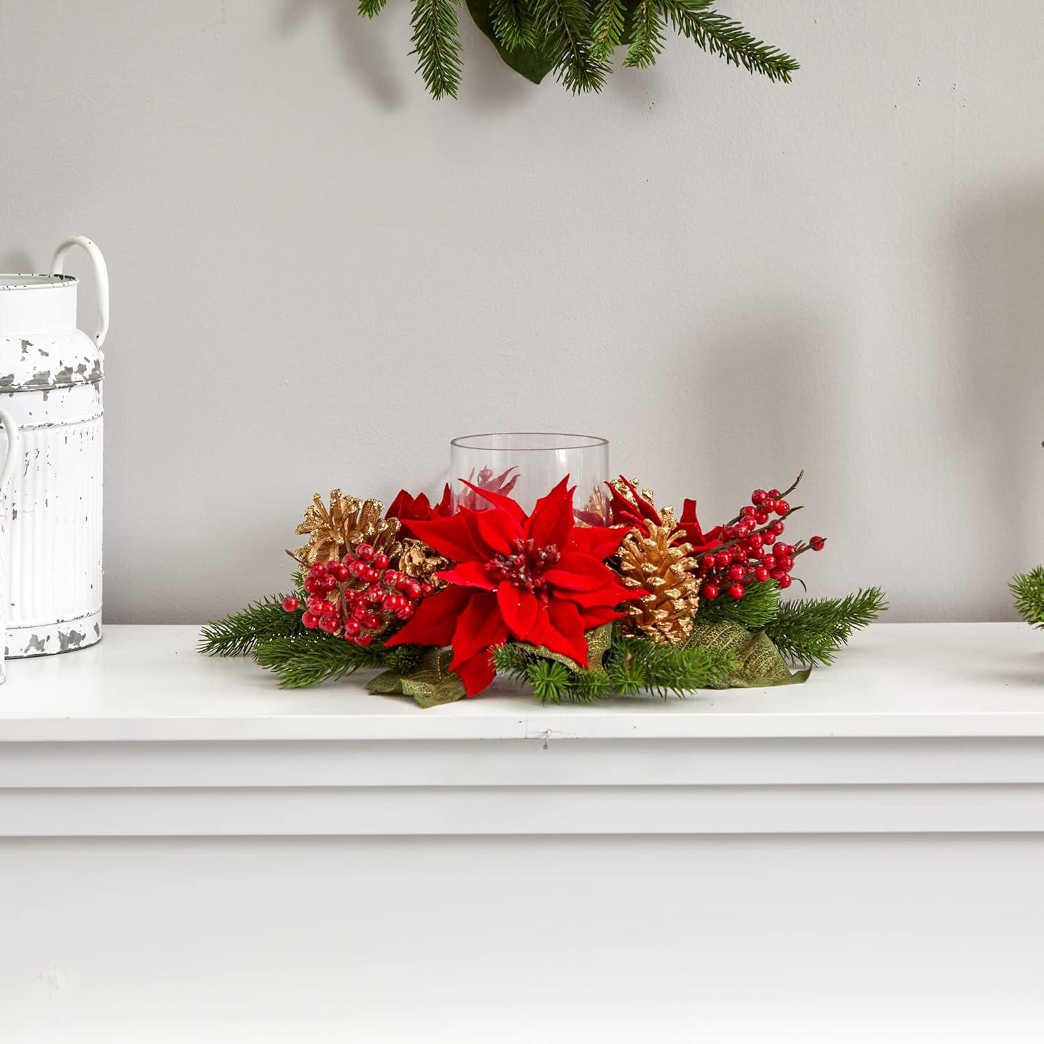 Nearly Natural Poinsettia, Berry and Golden Pine Cone Candelabrum Artificial Flower Arrangement