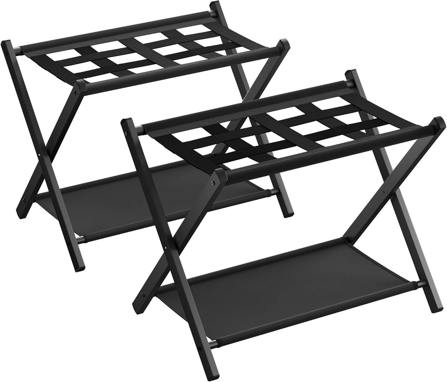 Black Steel Folding Luggage Rack with Storage Shelf, Set of 2