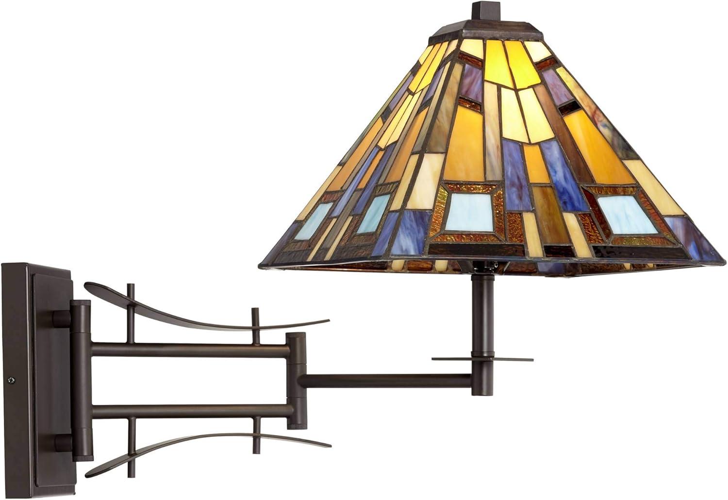 Robert Louis Tiffany Vintage Swing Arm Wall Lamp Plug-in Light Fixture Jewel Tone Stained Art Glass for Bedroom Bedside Living Room Reading Home House