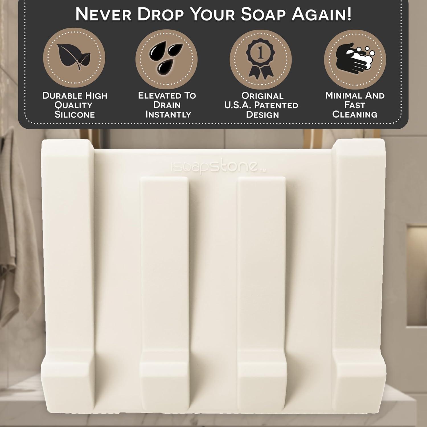 iSoapStone Premium Self-Draining Silicone Soap Dish: Waterfall Bar Holder Tray with Drain Saver, Anti-Slip Kitchen & Bathroom Accessory for Sponges and Bar Soaps - Patent-Pending Design (Light Grey)