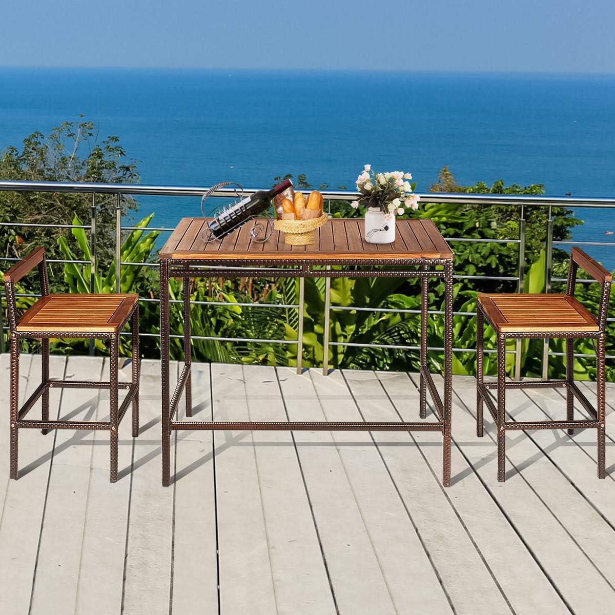Brown Acacia Wood and Steel 3-Piece Patio Bar Set