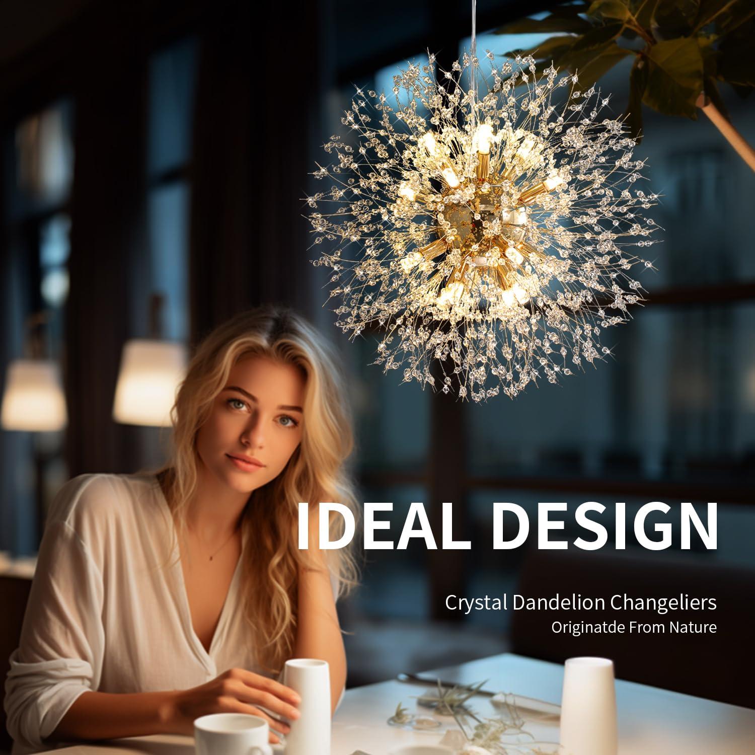 Mercer41 Modern Gold Crystal Chandelier With 12-Light Firework Design, Adjustable Dandelion Pendant Lighting For Dining Room, Living Room, Bedroom, Kitchen, And Hallway