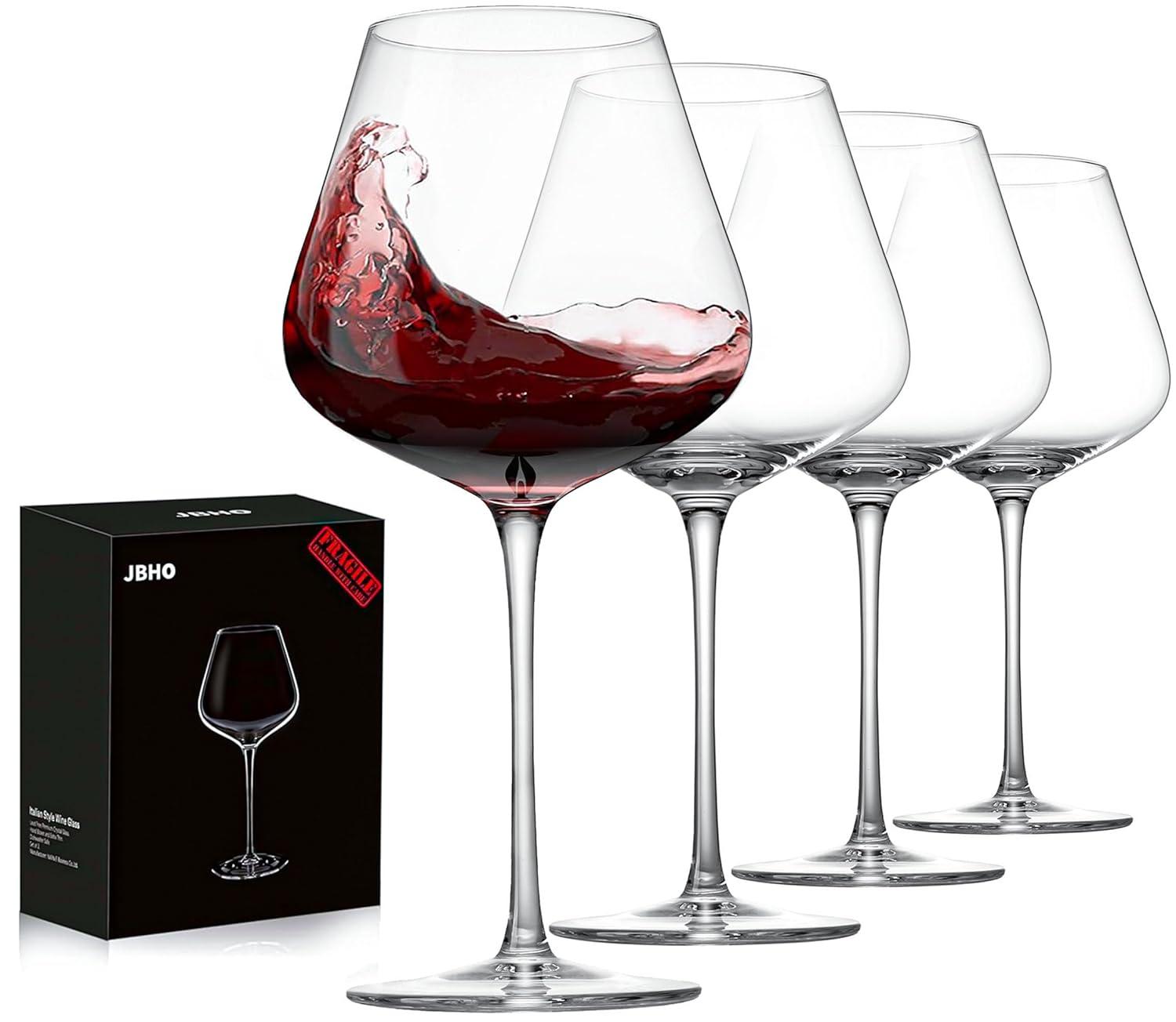 Set Of 4-21 Ounce Hand Blown Italian Style Crystal Burgundy Wine Glasses - Lead-Free Premium Crystal Clear Glass - Gift-Box For Any Occasion