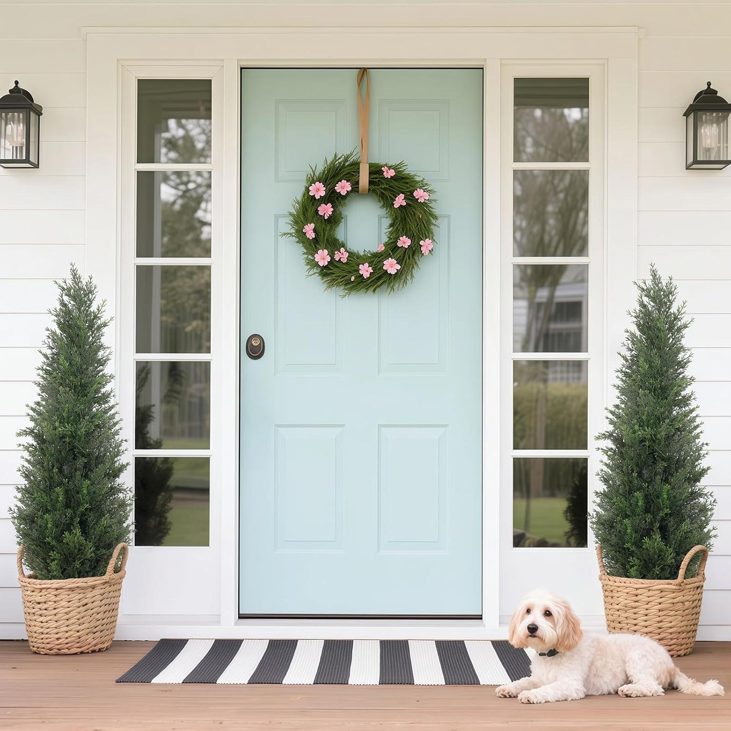4FT 2-Pack Artificial Cedar Topiary Trees UV Resistant Potted Shrubs Fake Plants, Faux Pine Tree Plant for Home Office Garden Front Porch Patio Indoor Outdoor Party Wedding  Decor