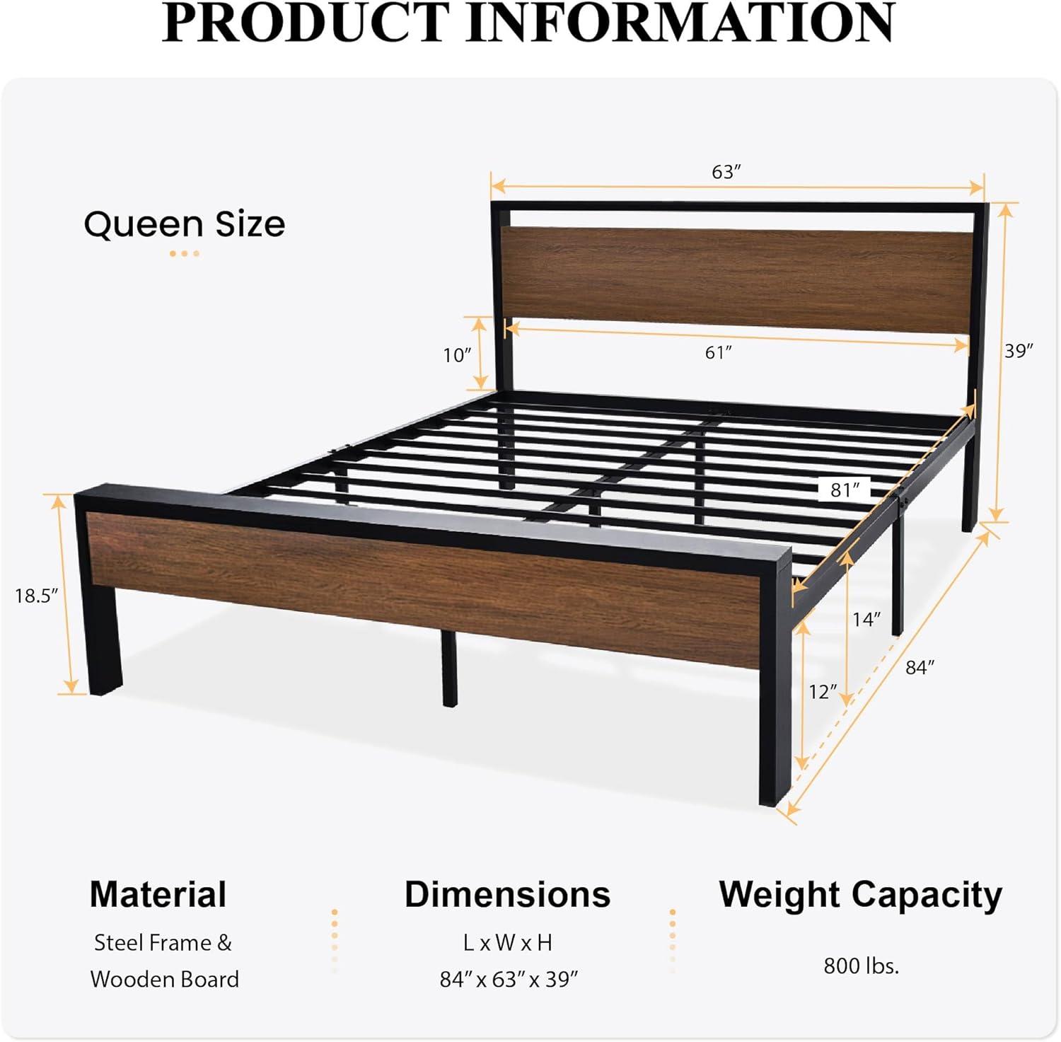 14 Inch Queen Size Metal Platform Bed Frame with Wooden Headboard and Footboard,No Box Spring Needed