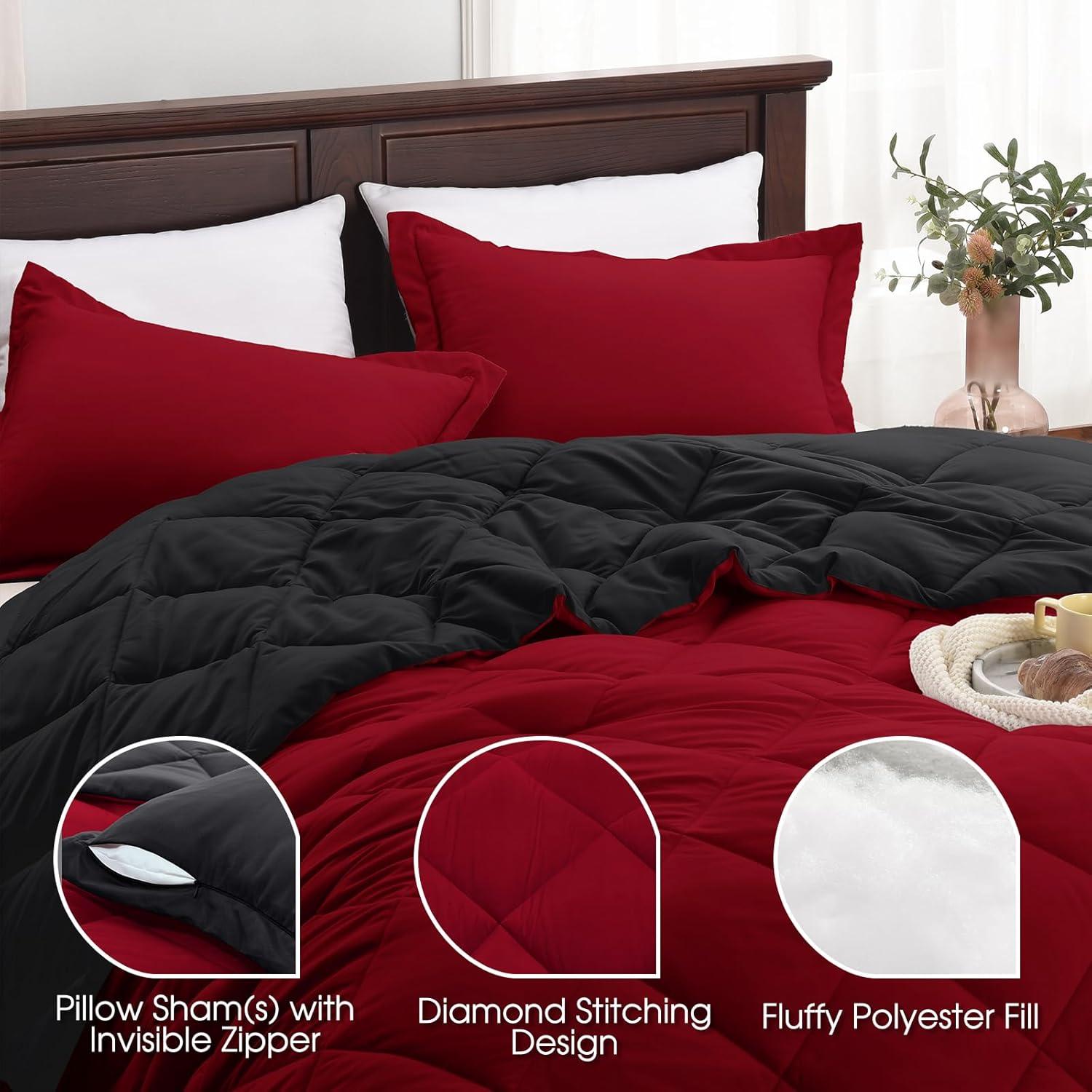 Basic Beyond Down Alternative Comforter Set (Queen, Black/Red) - Reversible Bed Comforter with 2 Pillow Shams for All Seasons