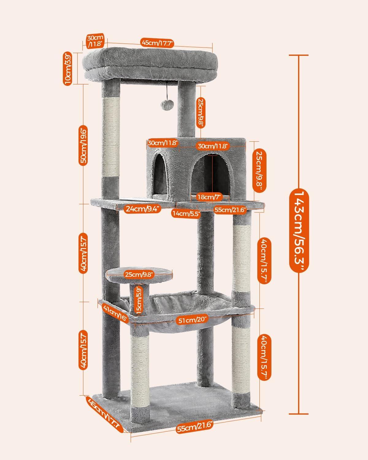 56.3" Indoor Multi-Level Tall Cat Tower With Large Hammock, Scratching Posts, Cozy Condo And Top Perch