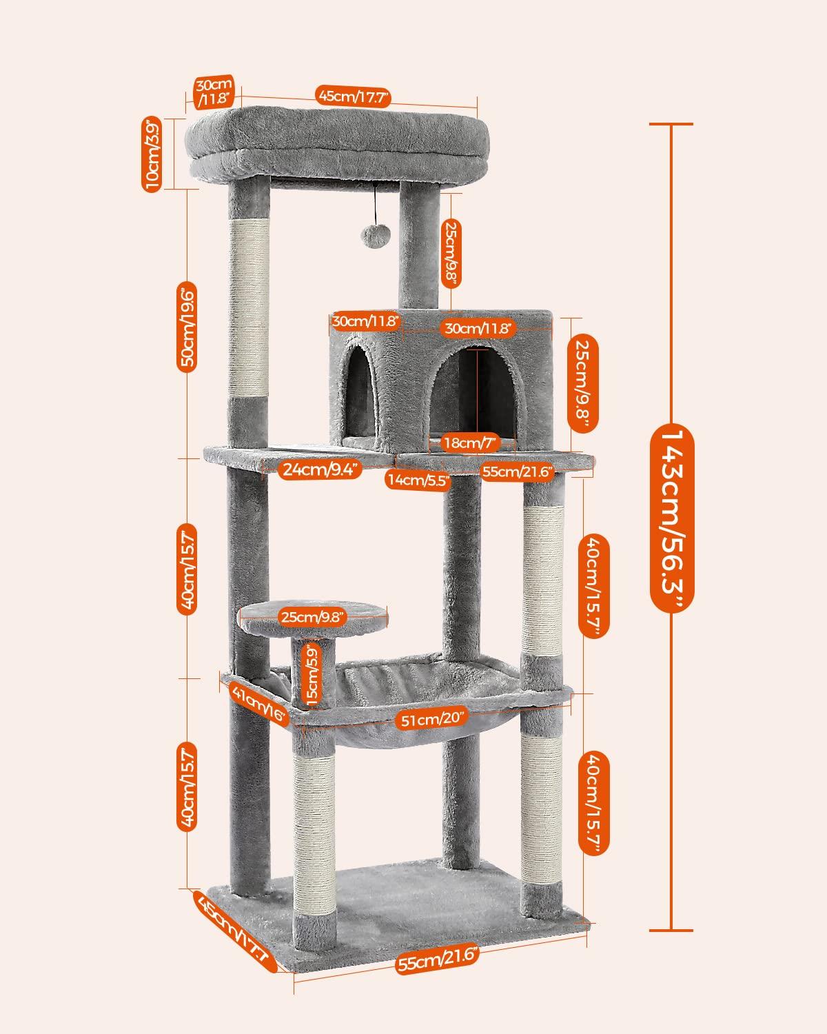 56.3" Indoor Multi-Level Tall Cat Tower With Large Hammock, Scratching Posts, Cozy Condo And Top Perch