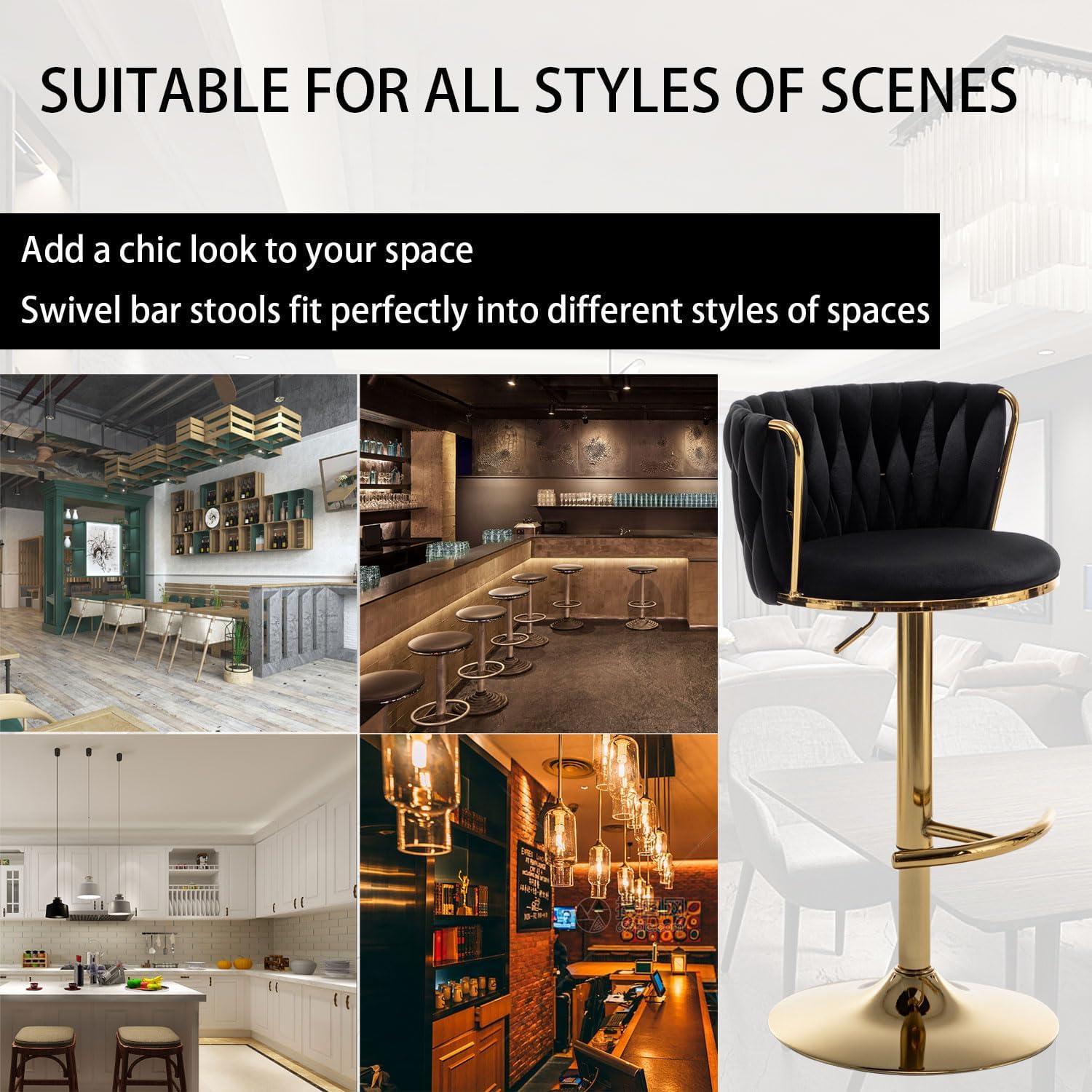 Gold Velvet Bar Stools Set of 4, Counter Height Bar Chairs with Low Back, Swivel Bar Stool for Kitchen Island, Bar Pub (Beige)