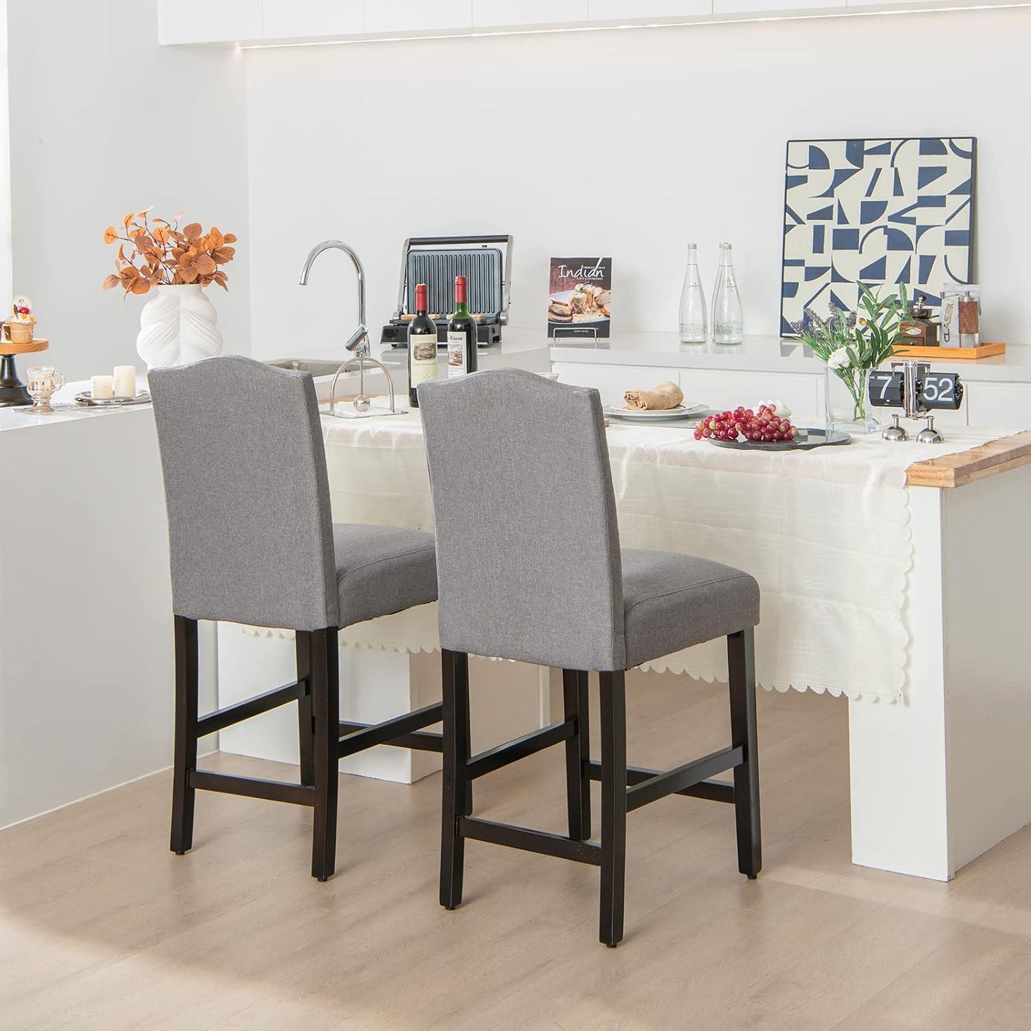 Costway Set of 2 Upholstered Bar stools 25''  Counter  Height Chairs with Rubber Wood Legs Grey