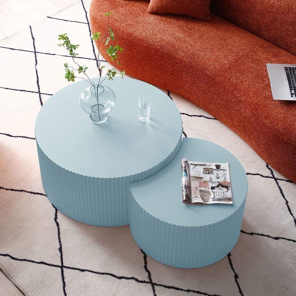 Blue Round Wooden Nesting Coffee Table Set