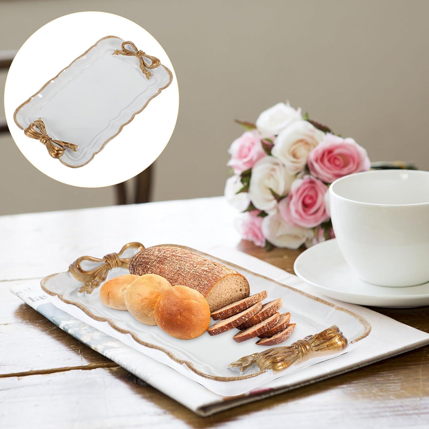 Vintage Decorative Tray Towel Tray Storage Tray Dish Plate Fruit Trays Rings Chain Bracelets Earrings Trays Cosmetics Jewelry Organizer Retro Design Bow-Knot Resin Plate (White)