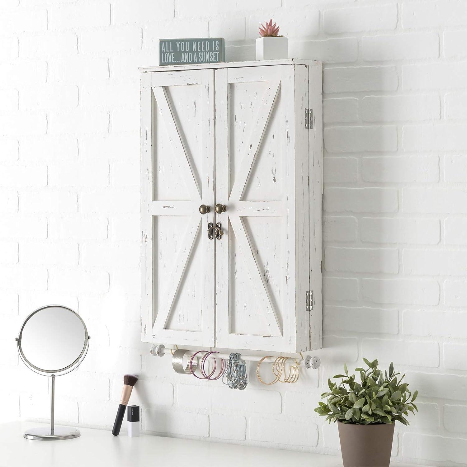 Excello Global Products Large Rustic Wall Mounted Jewelry Organizer with Barndoor Decor Jewelry holder for Necklaces, Earings, Bracelets, Ring Holder, and Accessories. Includes - White  EGP-HD-0283-OS