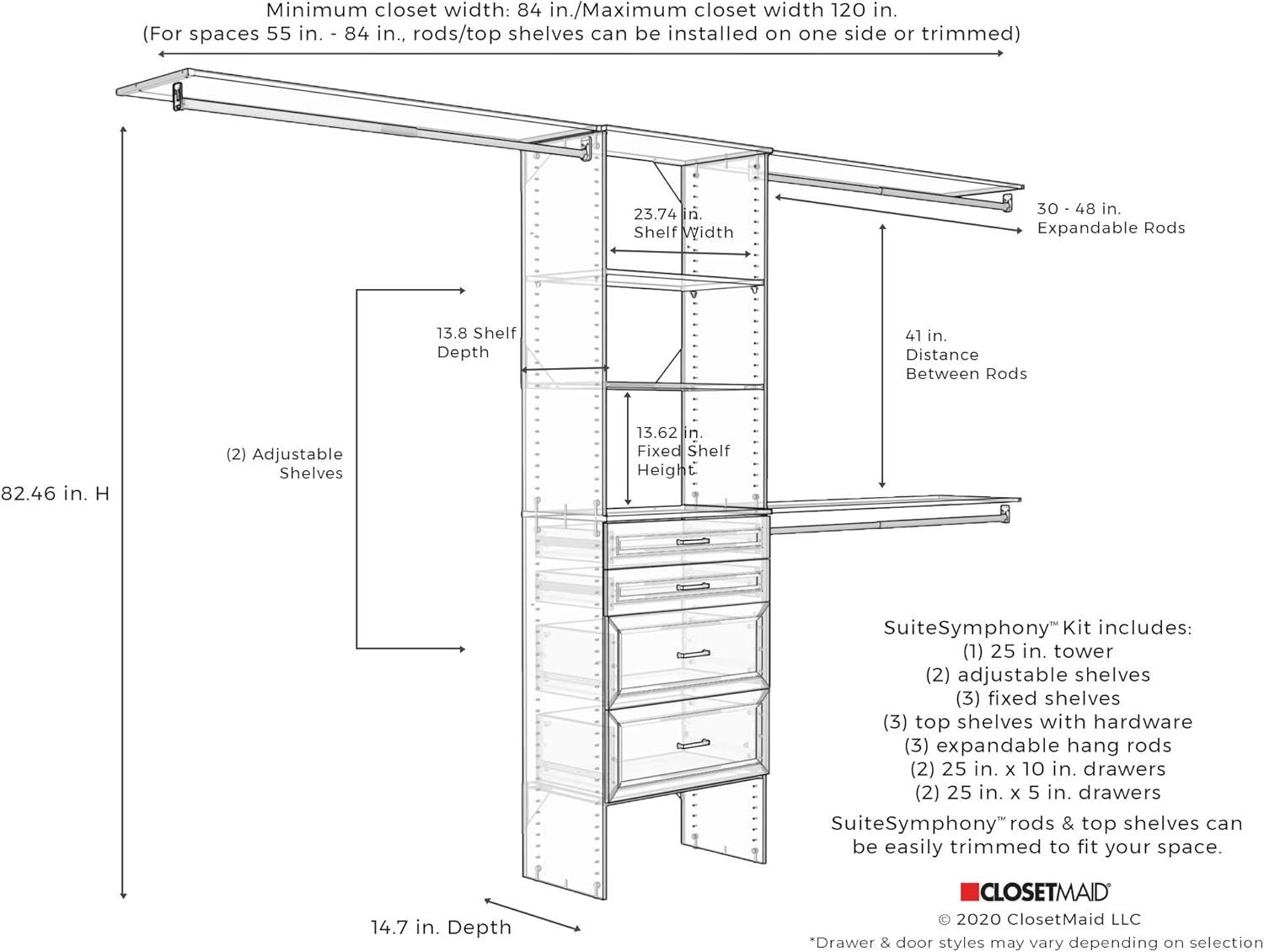 SuiteSymphony 84" W - 120" W Closet System with Drawers