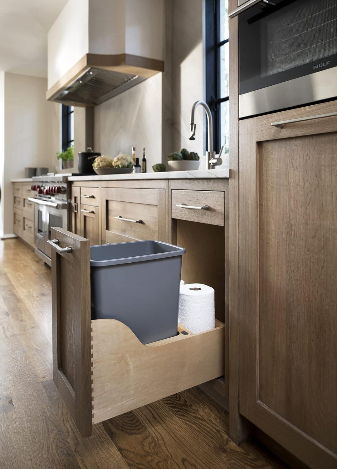 Rev-A-Shelf Pullout Trash Can for Kitchen Cabinets 35 Qt 8.75 Gal Bottom Mounted, Rear Storage, Undermount Soft-Close Slides, Silver, 4WCSC-1535DM-1