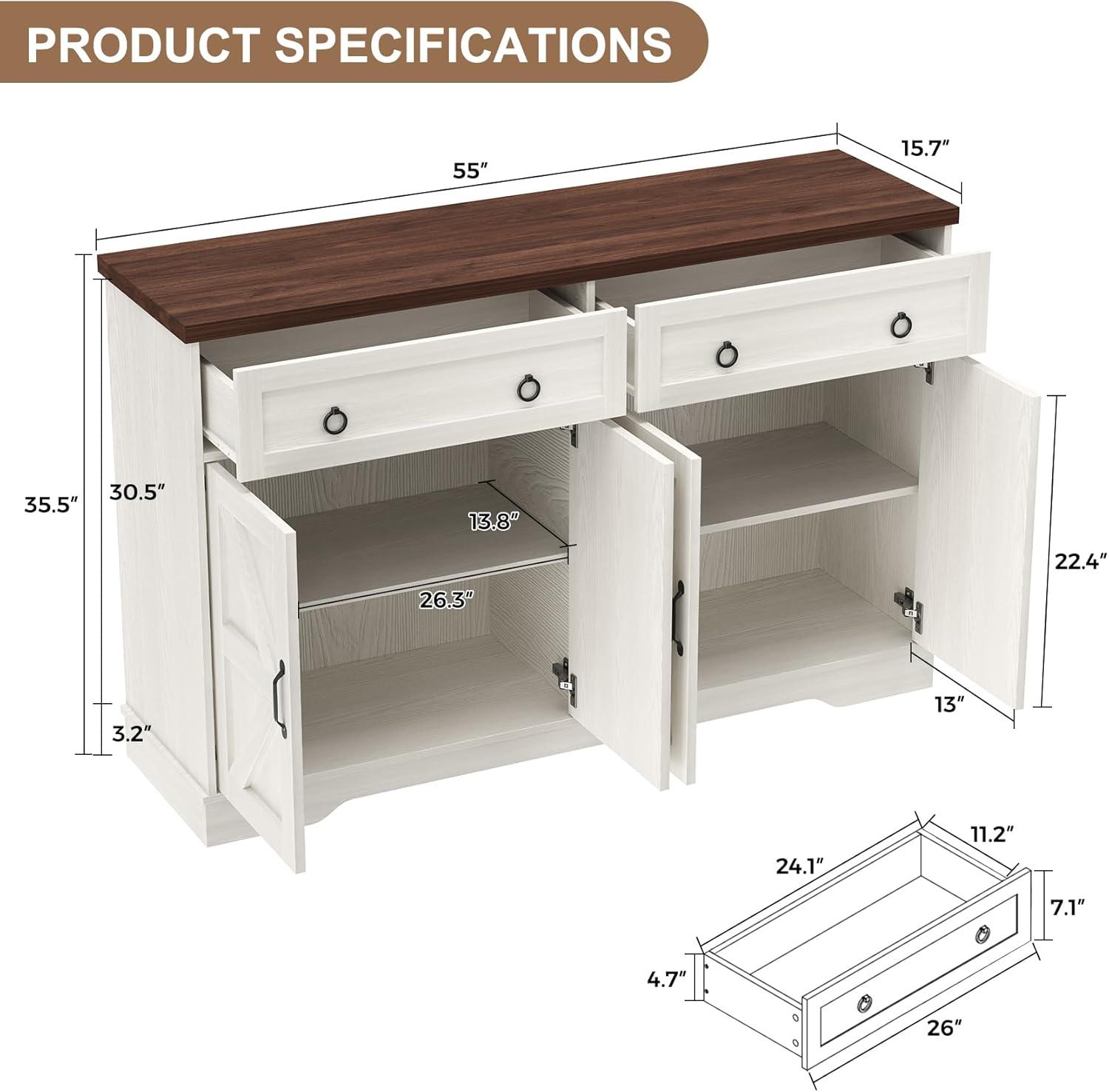 White 55" Modern Farmhouse Buffet Sideboard Cabinet with Walnut Top