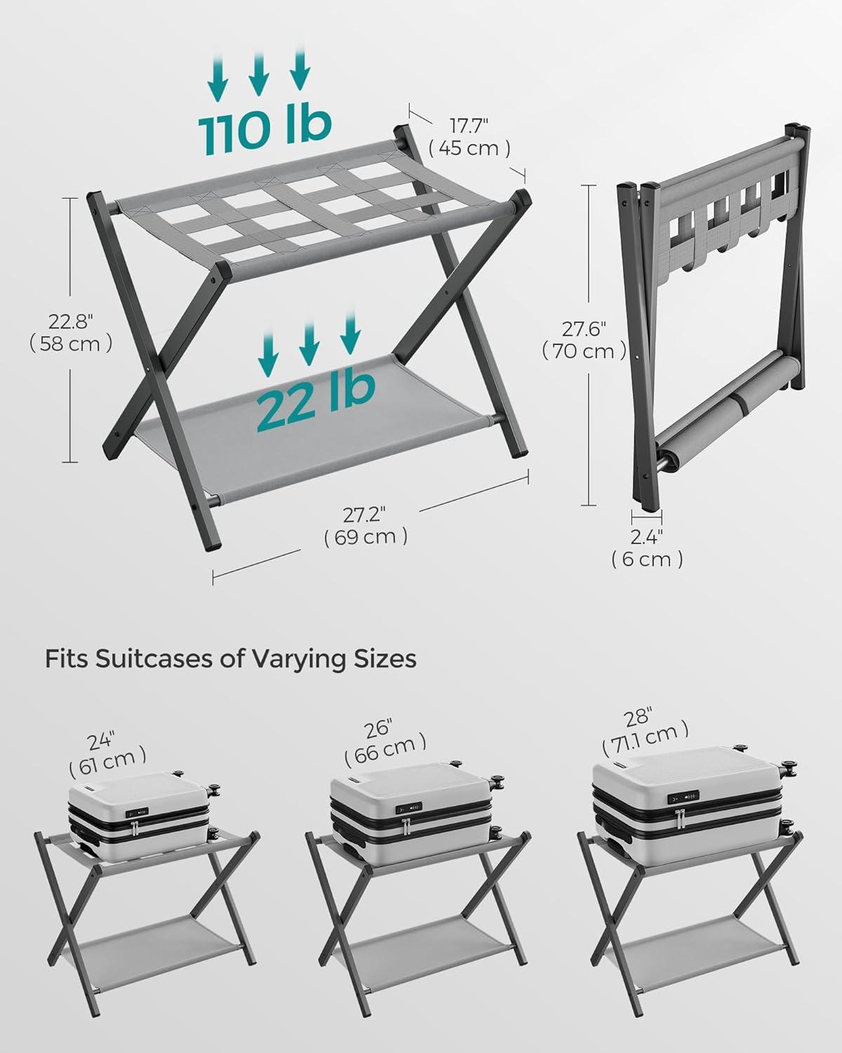 Dove Gray Foldable Luggage Racks with Storage Shelf, Set of 2