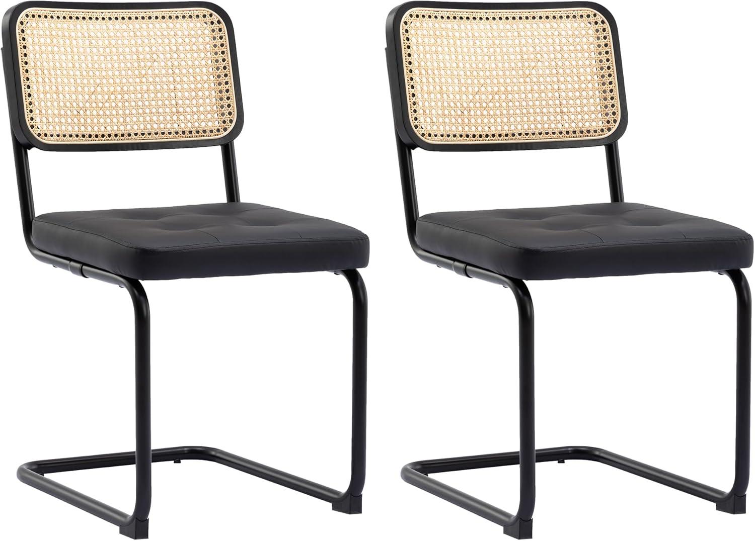 CodYinFI Modern Cesca Cane Dining Chairs, Set of 2, Handwoven Rattan Cane Back, Chrome Base, Upholstered Velvet Seat, Ideal for Kitchen or Dining Room, Black