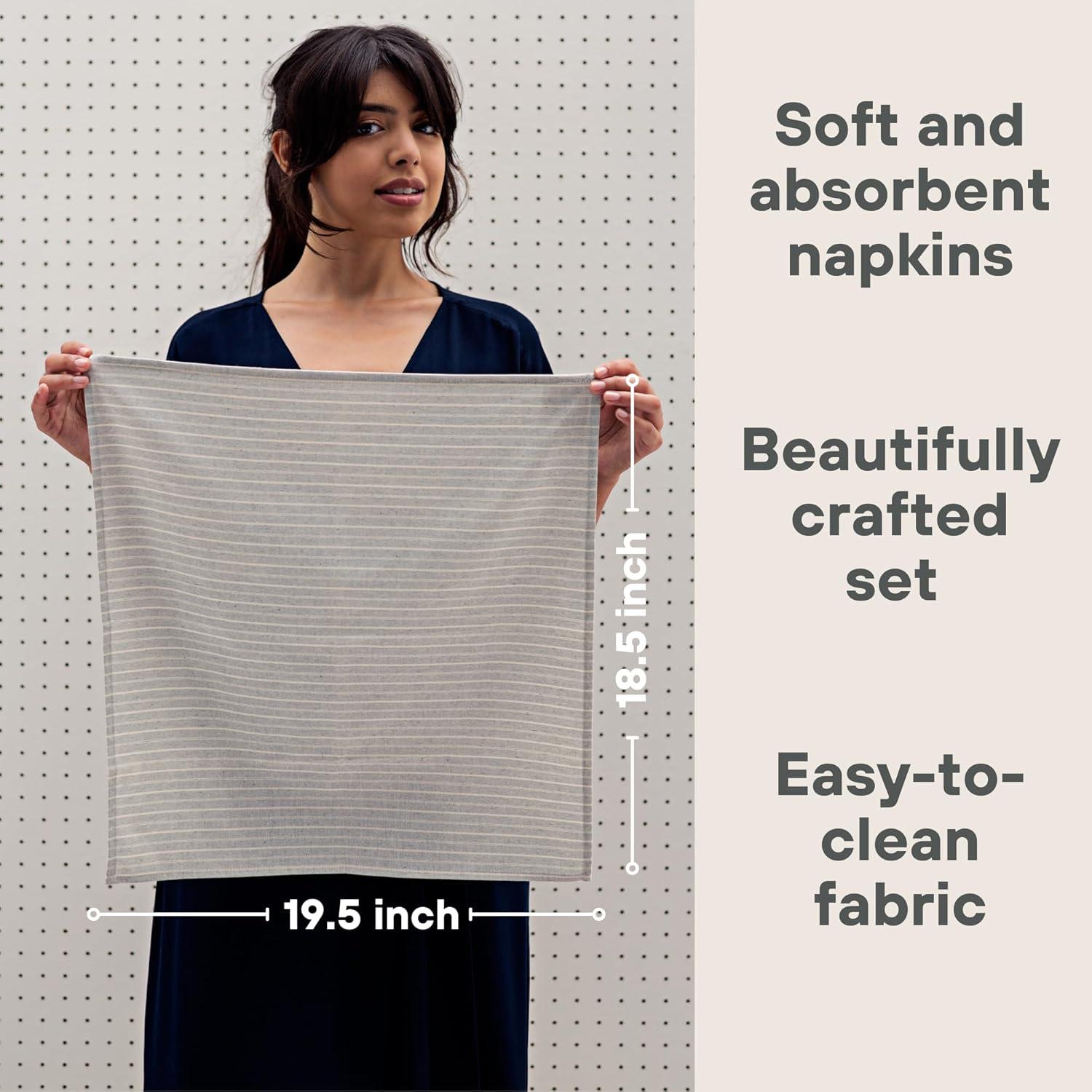 Meema Cloth Napkins Set of 4 Cotton, Striped Grey, Dinner Linen Christmas Napkins Washable- Table Christmas Gifts