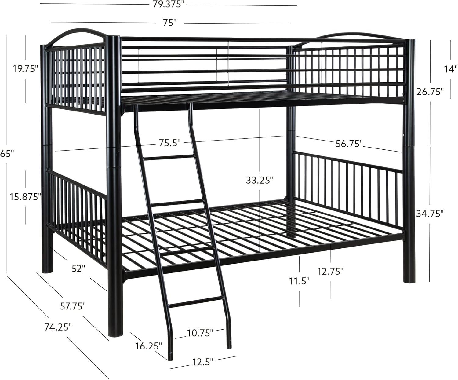 Sleek Black Metal Full Over Full Bunk Bed with Easy-Access Ladder