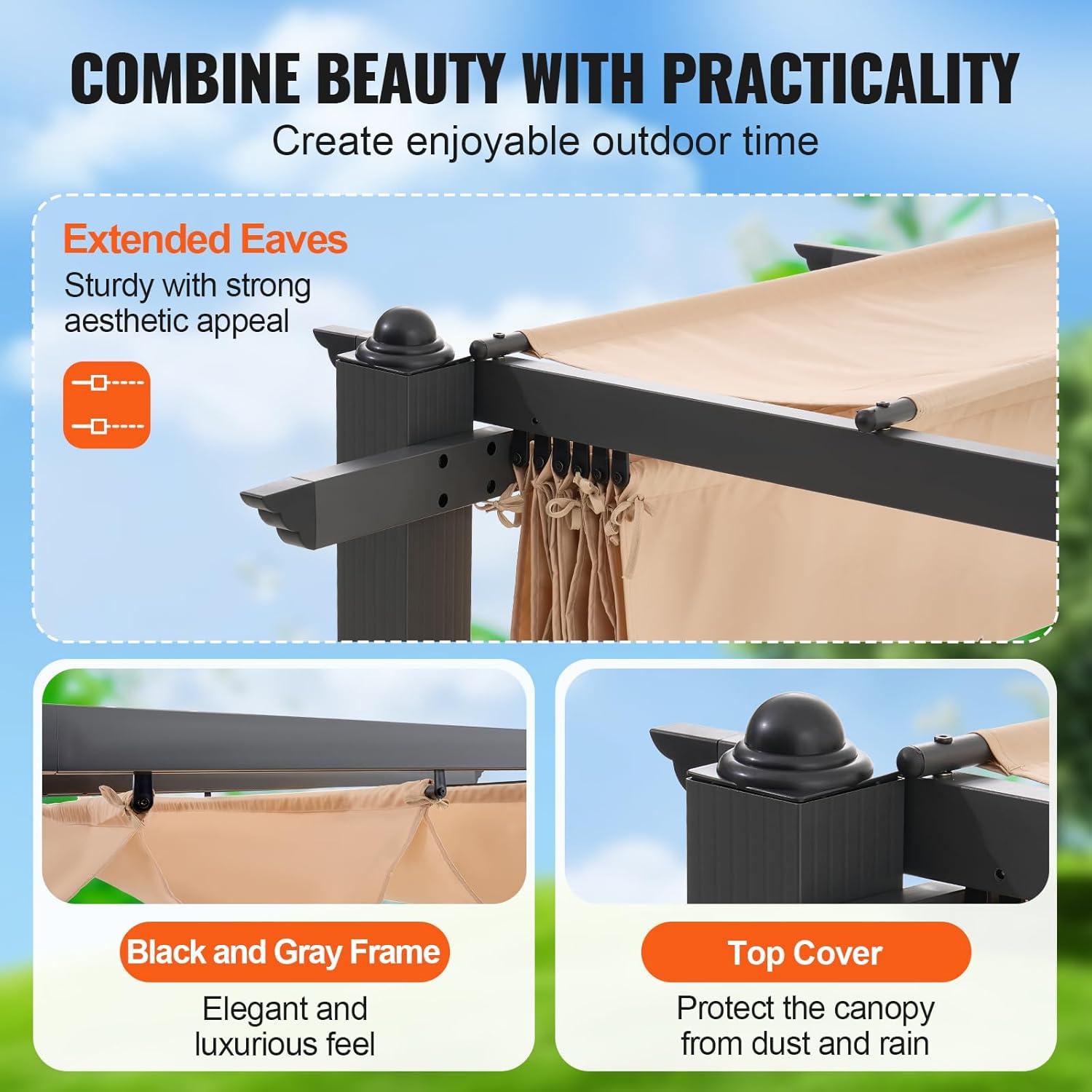 VEVOR 10'x13' Outdoor Retractable Pergola with Canopy, Aluminum Pergola with Retractable Canopy, Modern Style,Sun Shadefor Patios, Gardens, Decks, Backyards (Beige)