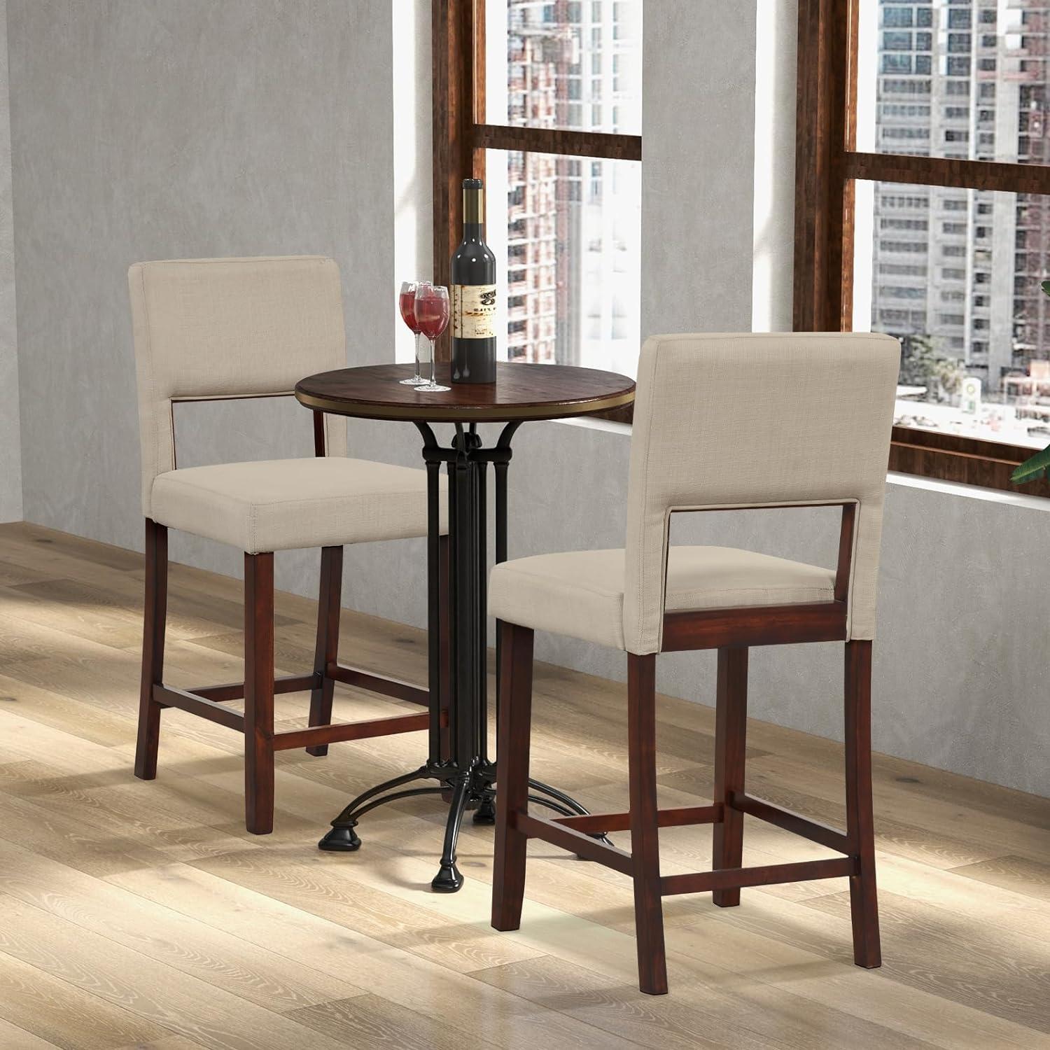 Beige Upholstered Linen Bar Stools with Wooden Legs, Set of 2