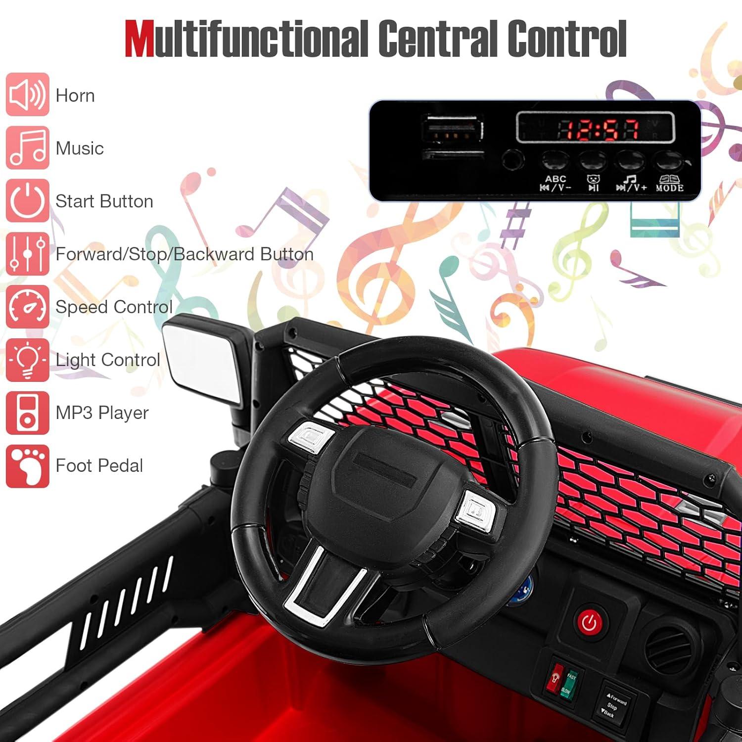 HONEY JOY Ride On Truck, 12V Battery Powered Vehicle Ride On Car with Remote Control, Spring Suspension, Headlights, Music, Mesh Windshield, Electric Cars for Kids, Gift for Boys Girls 3+(Red)