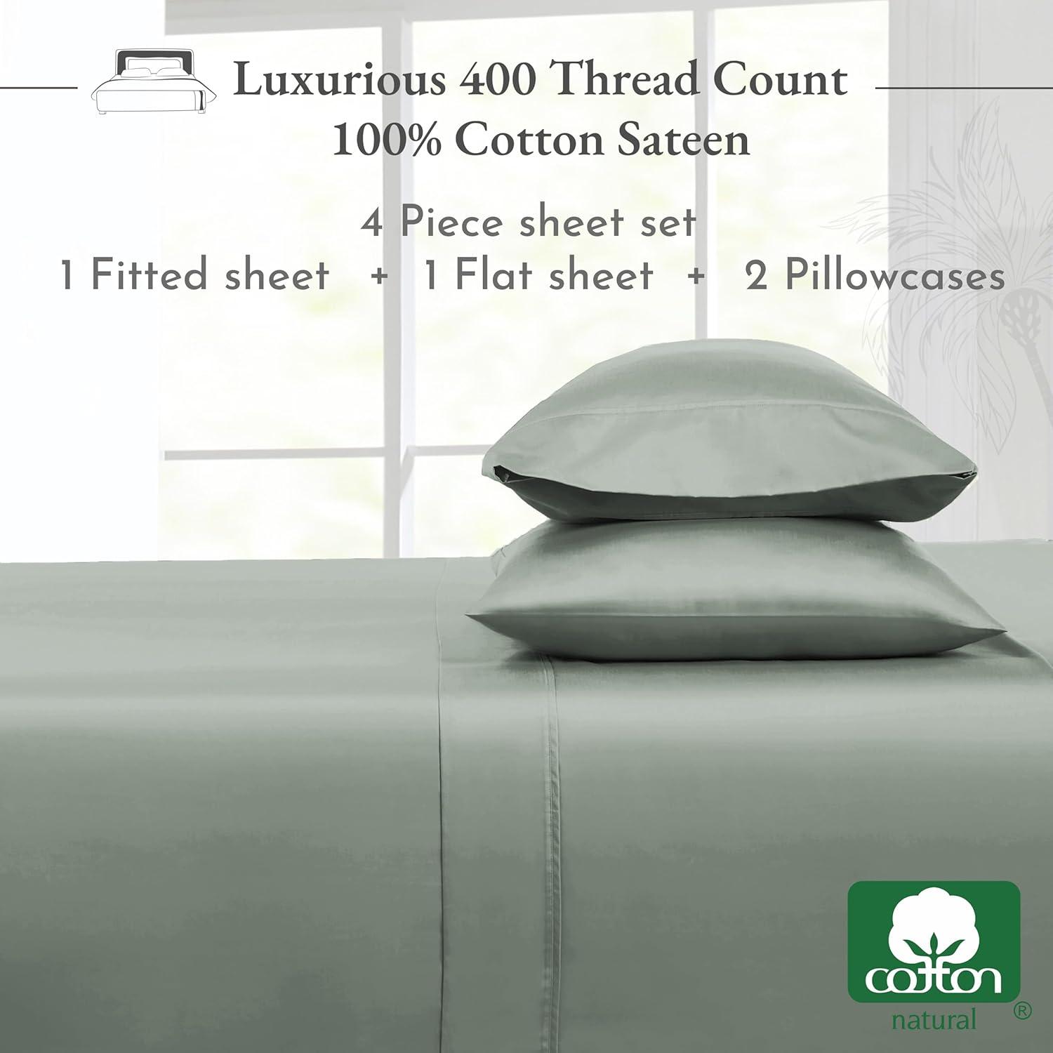 Sage Green Full Sheet Set - 100% Cotton Bed Sheets, 400 Thread Count Sateen Weave, Deep Pocket 4 Piece Bedding - California Design Den