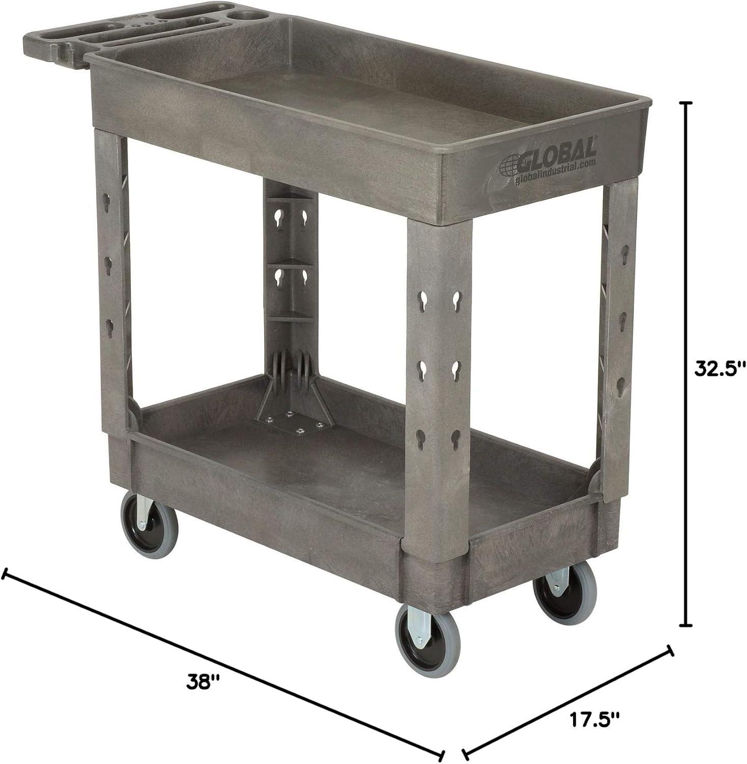 Strength Plastic 2 Flat Shelf Service & Utility Cart, 38 x 17.5, 5 in. Rubber Casters - Gray