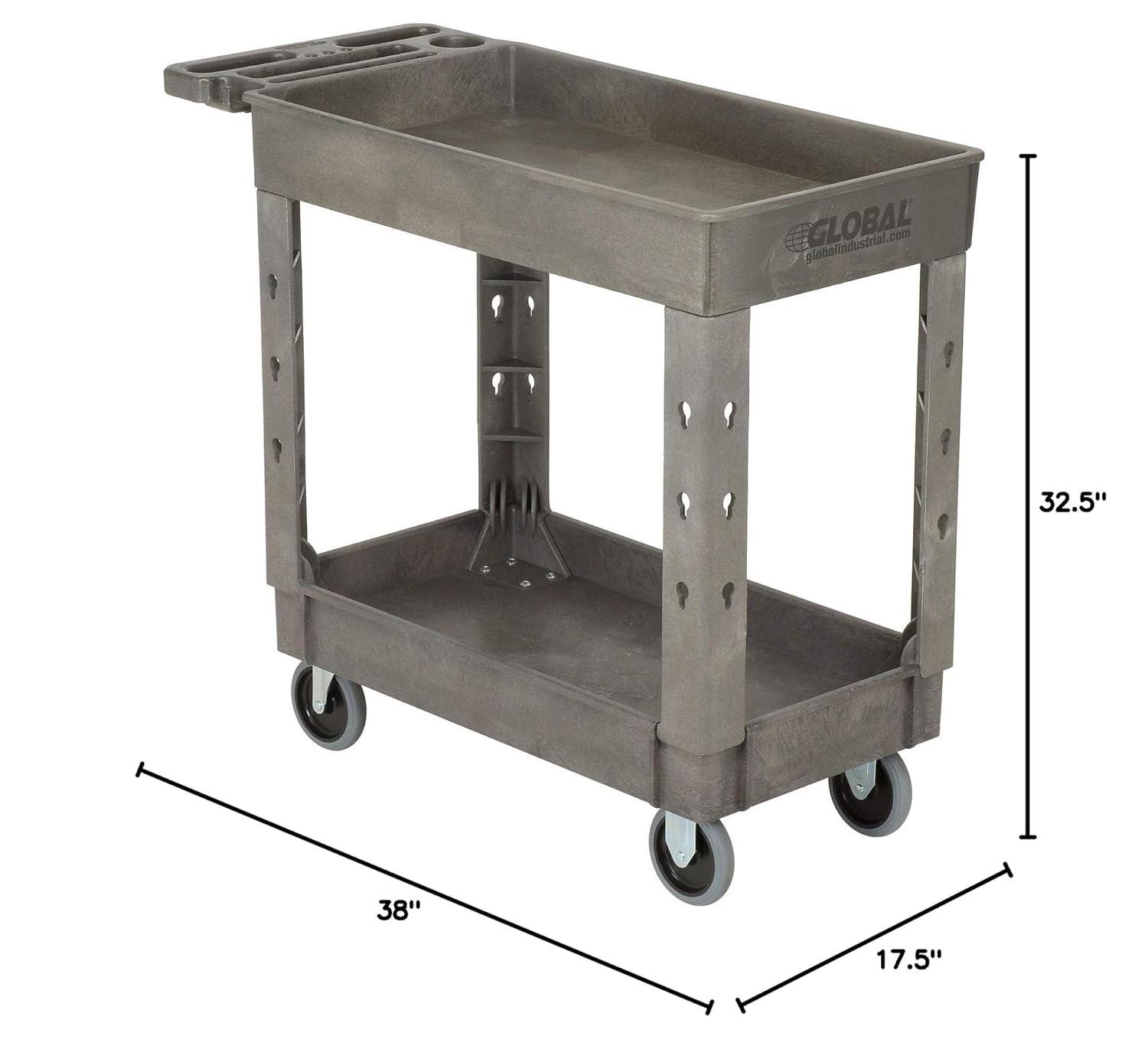 Strength Plastic 2 Flat Shelf Service & Utility Cart, 38 x 17.5, 5 in. Rubber Casters - Gray