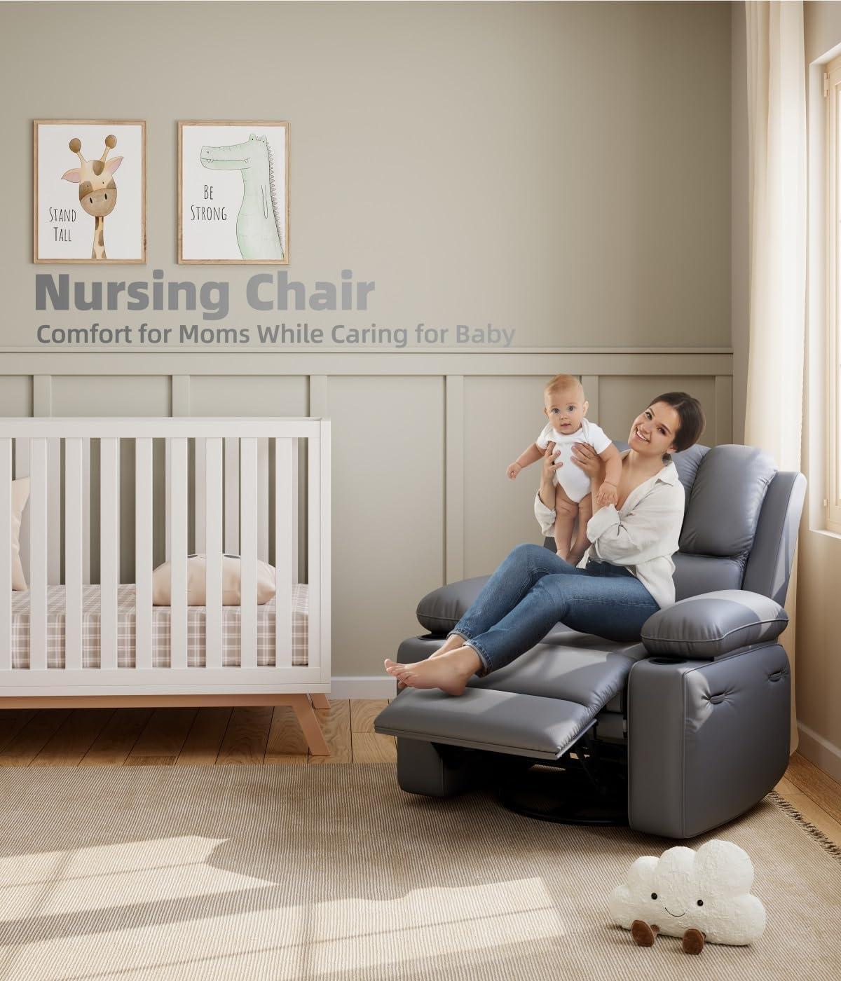 Gray Leather Swivel Recliner with Massage and Wooden Frame