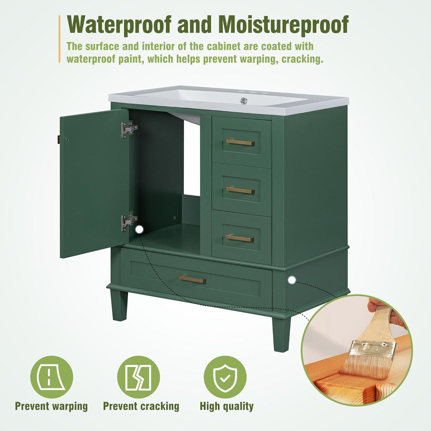 Green Solid Wood 30" Bathroom Vanity with Ceramic Sink