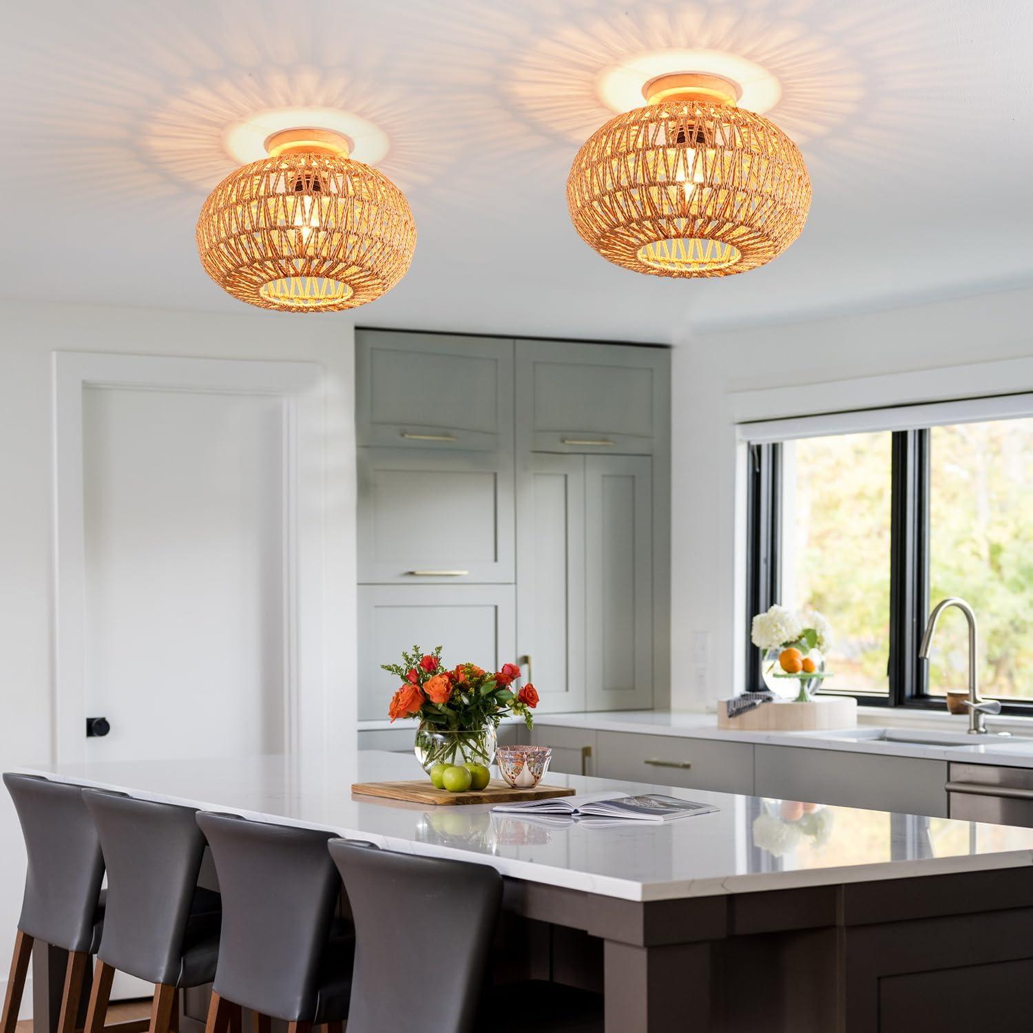 Bay Isle Home™ Bamboo Ceiling Light Fixtures, Hand-Woven Boho Flush Mount Ceiling Light, Handmade Ceiling Mount With Natural Bamboo Shade, Farmhouse Light Fixture