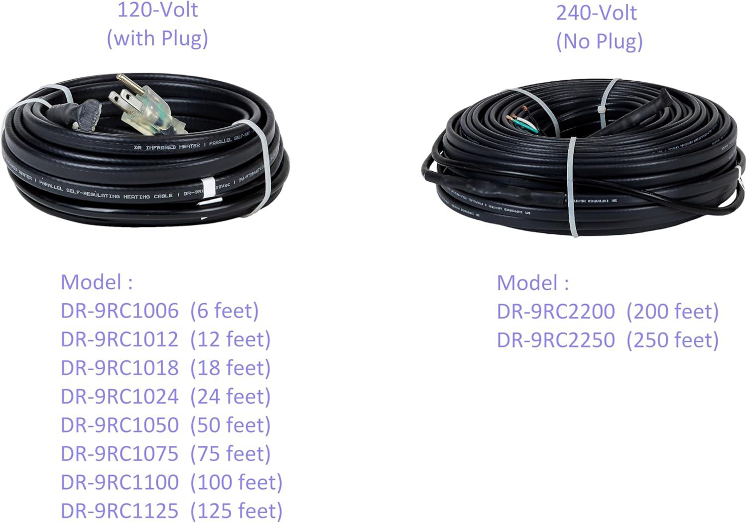 Dr. Infrared Heater DR. INFRARED HEATER DR-9RC1125 Heating Cables for Pipes and Roof De-Icing, Self-Regulating with Built-in Thermostat, 120V, 12W/ft, 1500W, 125FT