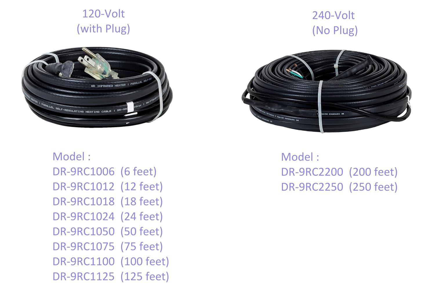 Dr. Infrared Heater DR. INFRARED HEATER DR-9RC1125 Heating Cables for Pipes and Roof De-Icing, Self-Regulating with Built-in Thermostat, 120V, 12W/ft, 1500W, 125FT