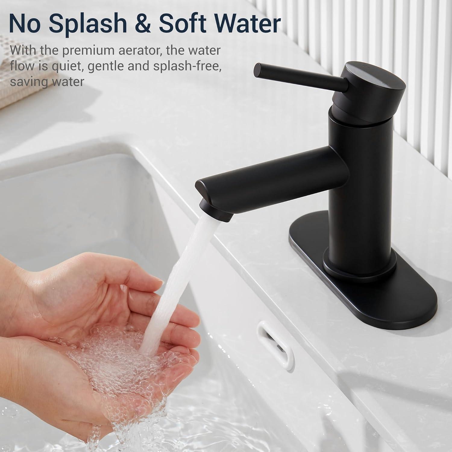 Bathroom Sink Faucet One Hole,Lavatory Tap for Basin,Matte Black Bathroom Sink Faucet with Metal Pop Up Drain Assembly， Bathroom Faucet 1 Hole with 3 Hole Deck Plate