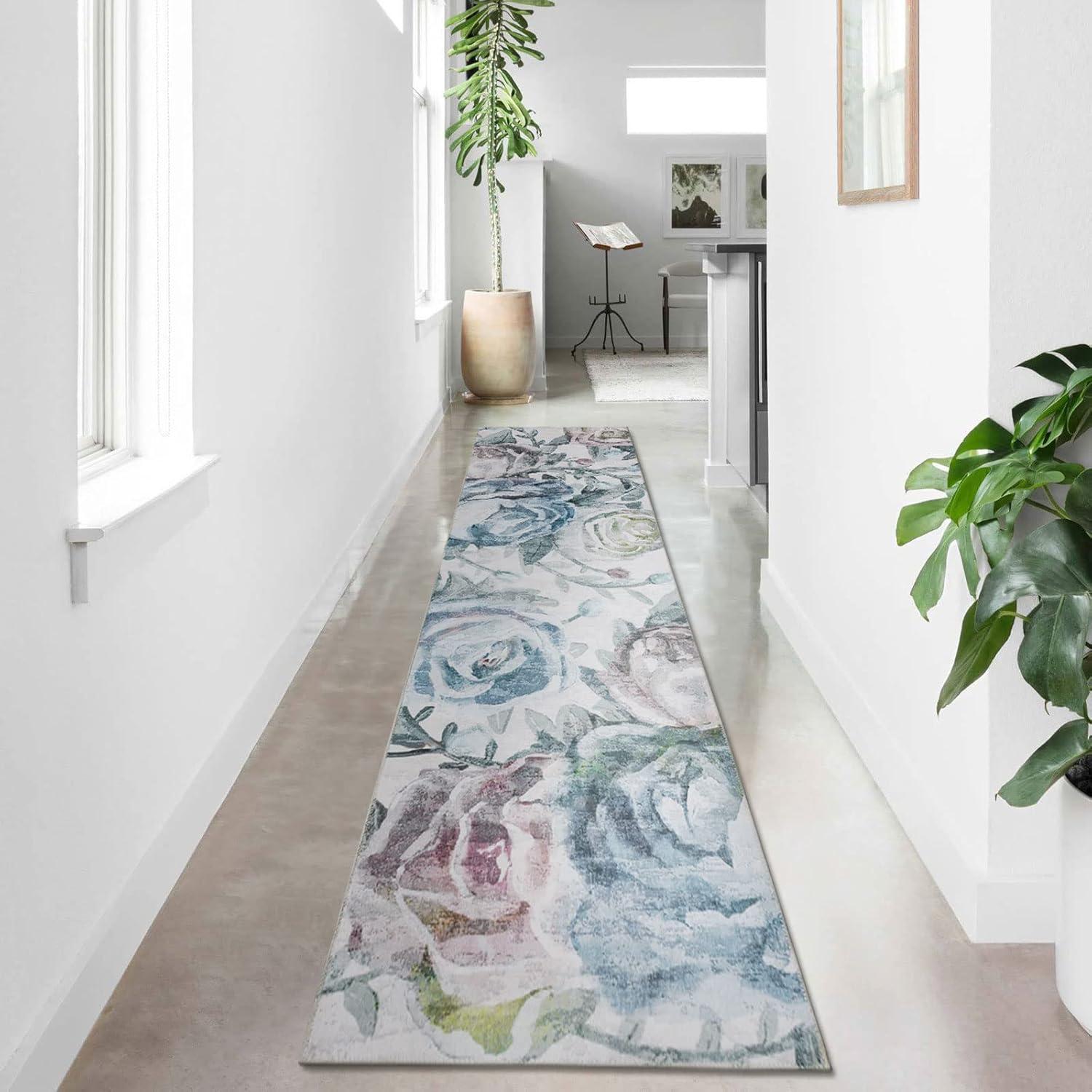 Jasmine Modern Flower Design Machine Washable and Foldable Soft Area Rug Blue/Ivory Multi