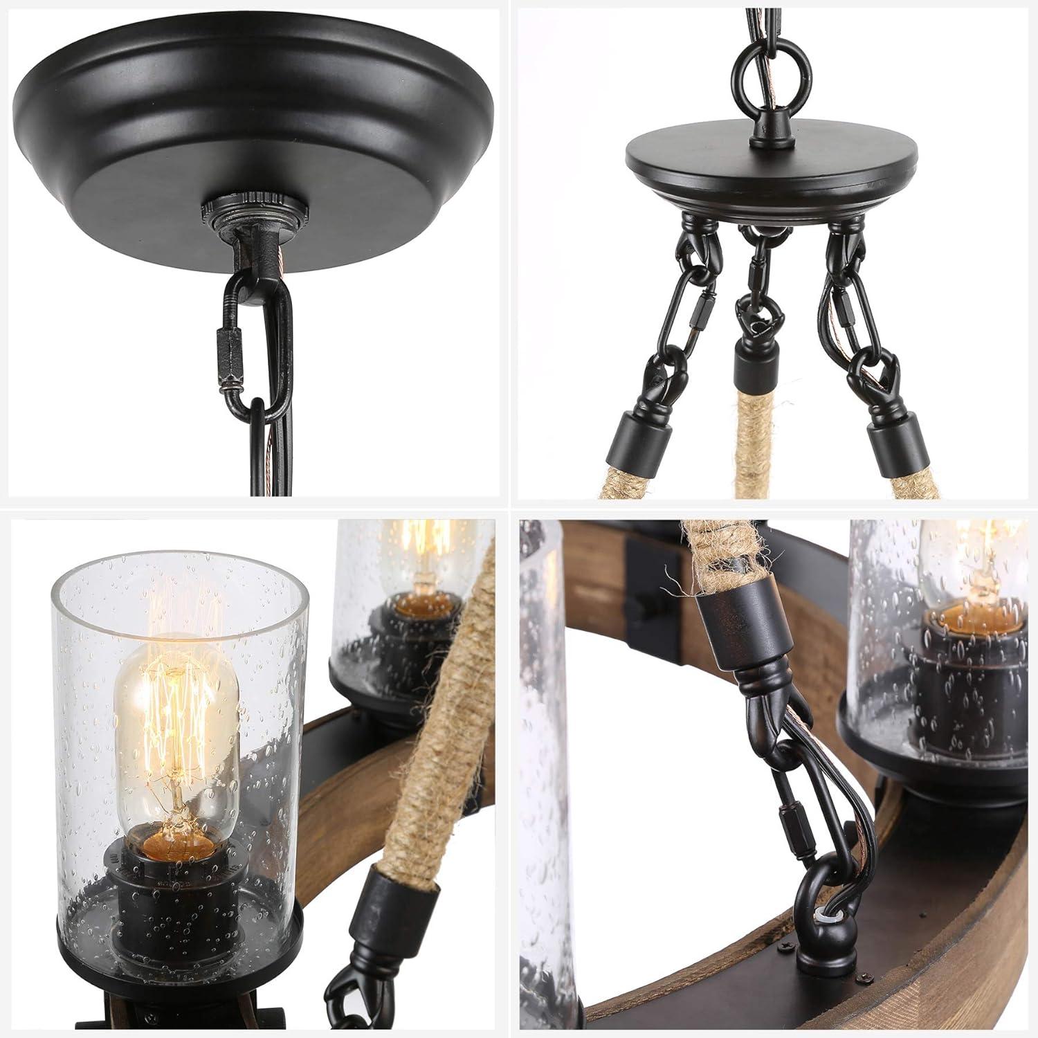 Farmhouse Chandeliers for Dining Rooms,6-Lights 25 Wagon Wheel Chandelier,Hemp Rope Wood Chandelier with Seeded Glass Shade