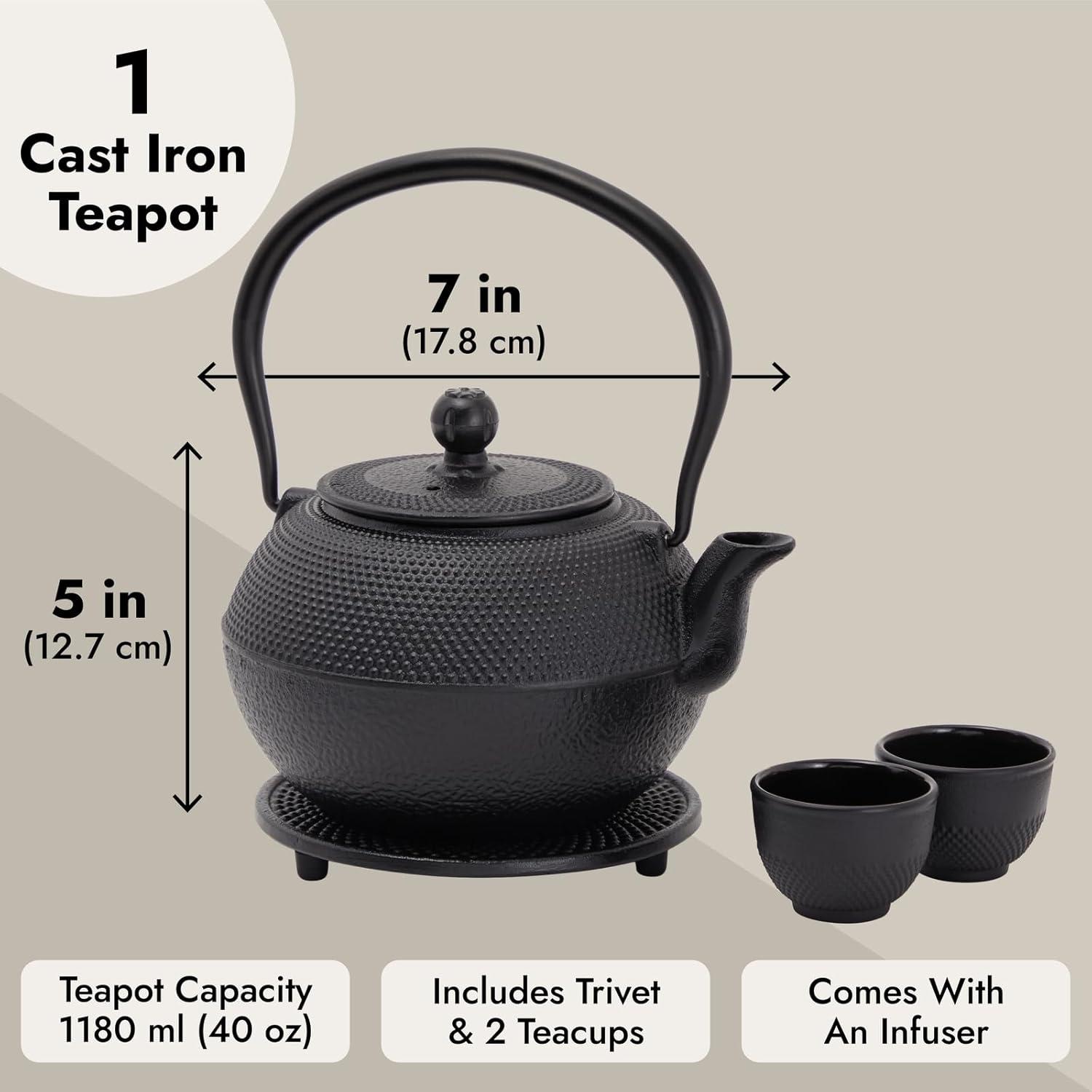 Black Cast Iron Japanese Teapot Set with Cups and Trivet